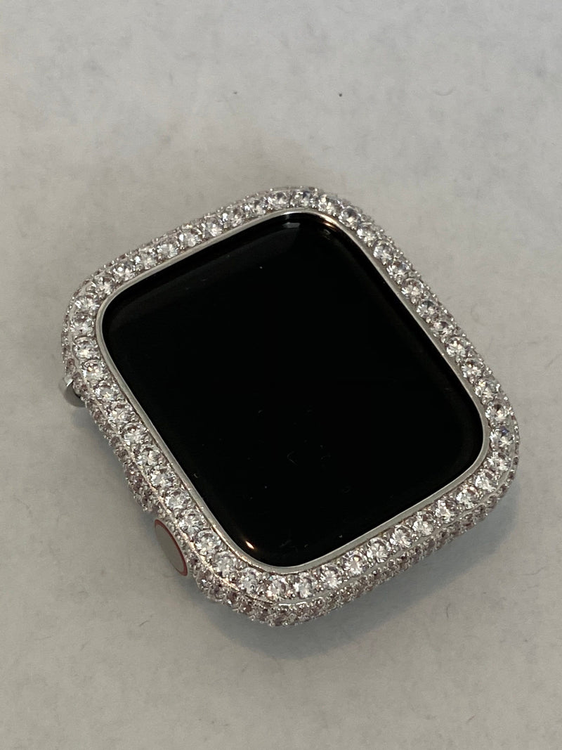 Custom Apple Watch Cover with large lab diamonds set in 14k white gold plating in sizes 38, 40, 41, 42, 44, 45, and 45mm Ultra Iwatch Candy