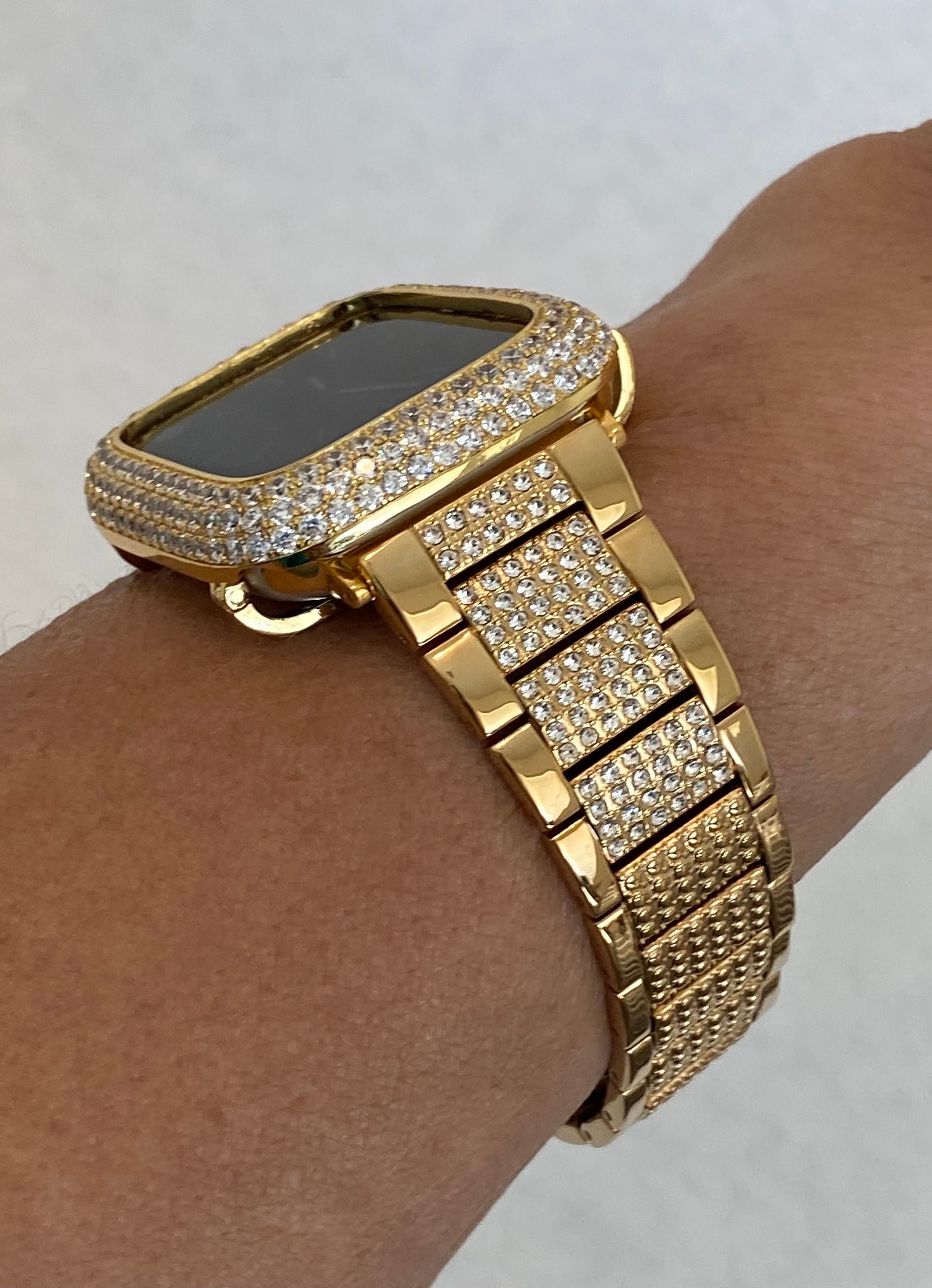 Luxury Gold Apple Watch Band 41mm 45mm 49mm Ultra Swarovski Crystals & or Lab Diamond Bezel Cover 38mm 40mm 42mm 44mm Smartwatch Bling