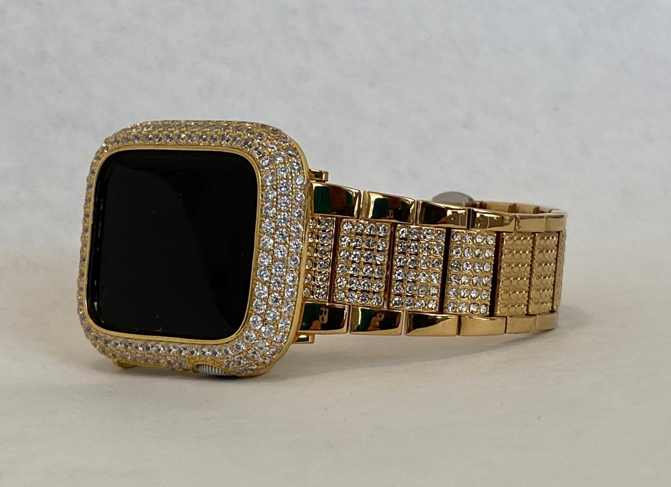 Designer Gold Apple Watch Band 41mm 45mm 49mm Ultra Swarovski Crystals & or Lab Diamond Bezel Cover 38mm 40mm 42mm 44mm Smartwatch Bling Iwatch Candy