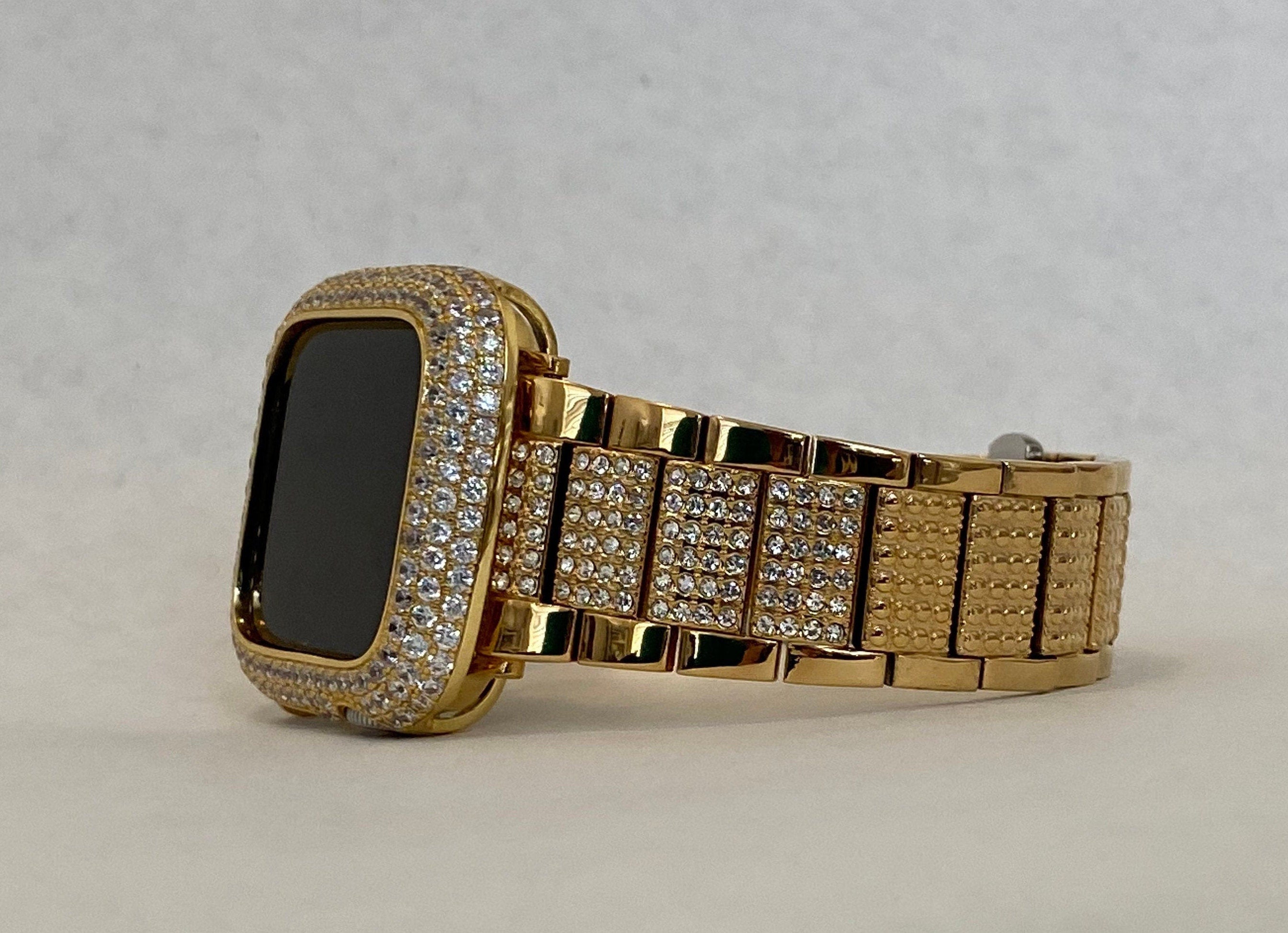 Men&#39;s Gold Apple Watch Band 41mm 45mm 49mm Ultra Swarovski Crystals & or Lab Diamond Bezel Cover 38mm 40mm 42mm 44mm Smartwatch Bling