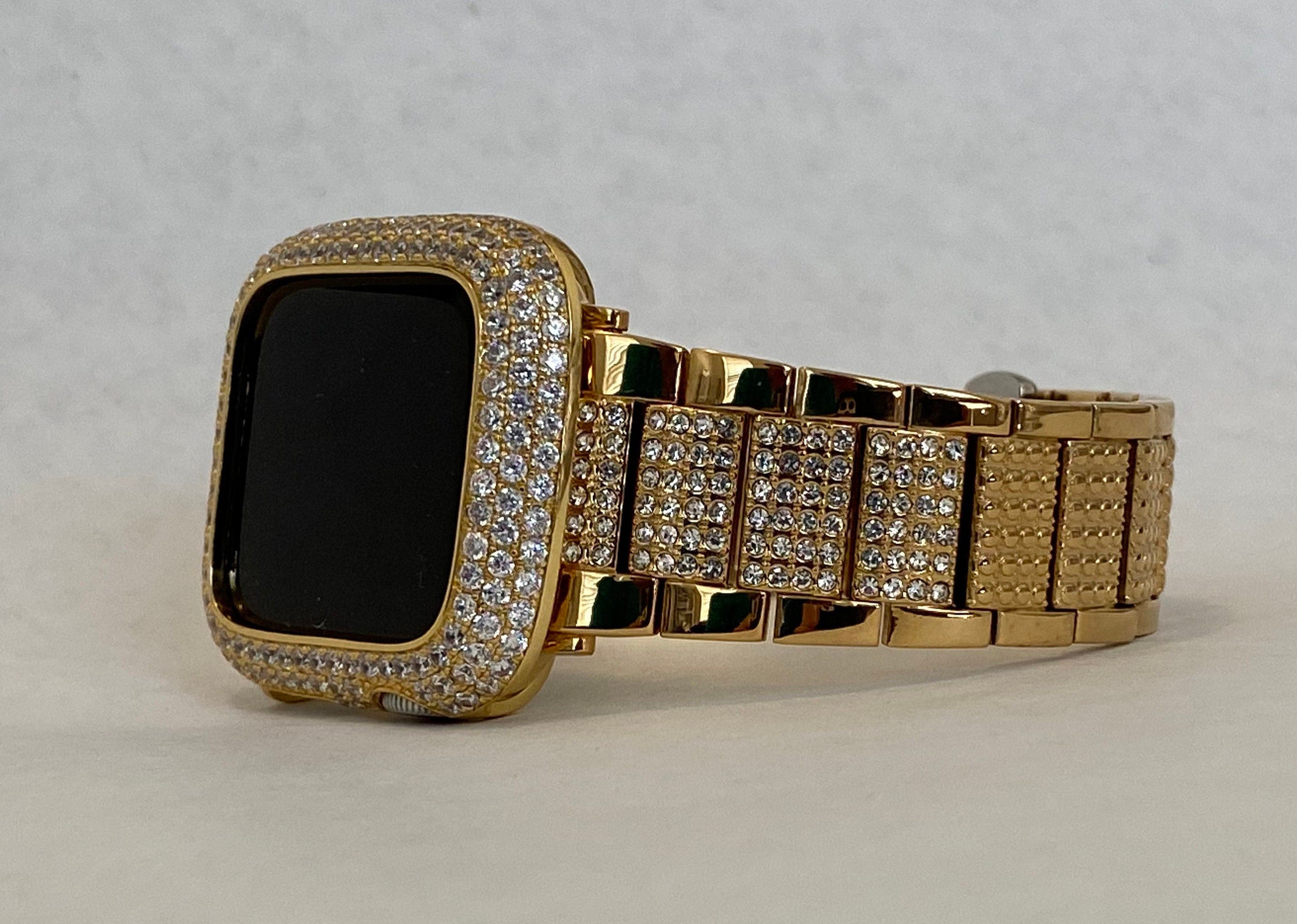 Gold Apple Watch Band 41mm 45mm 49mm Ultra Swarovski Crystals & or Apple Watch Case Lab Diamond Bezel Apple Watch Cover 38mm 40mm 42mm 44mm