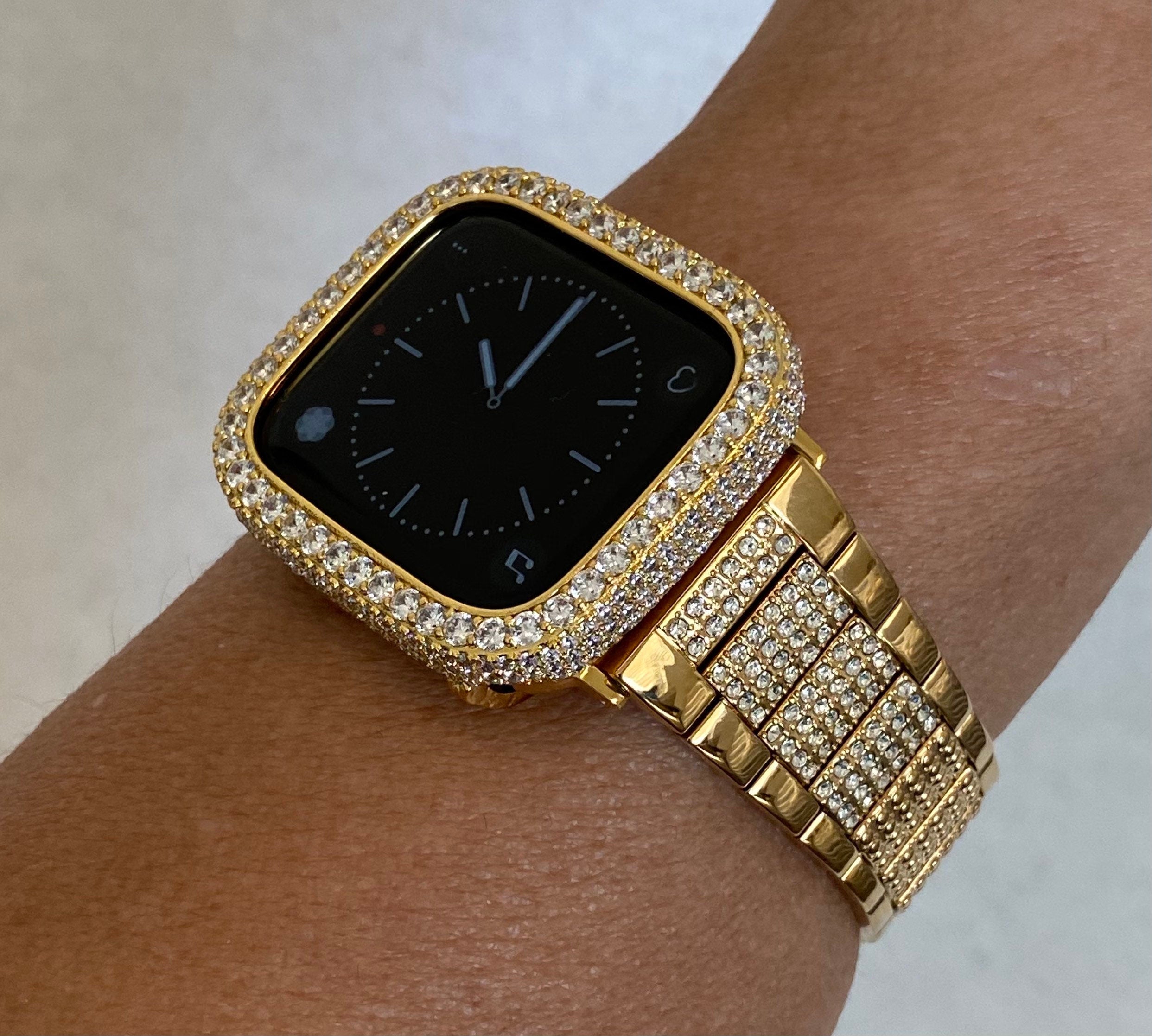 Series 1-8 Apple Watch Band Gold 41mm 45mm 49mm Ultra & or Lab Diamond Bezel Case Cover 38 40 42 44mm for Smartwatch Bumper Bling