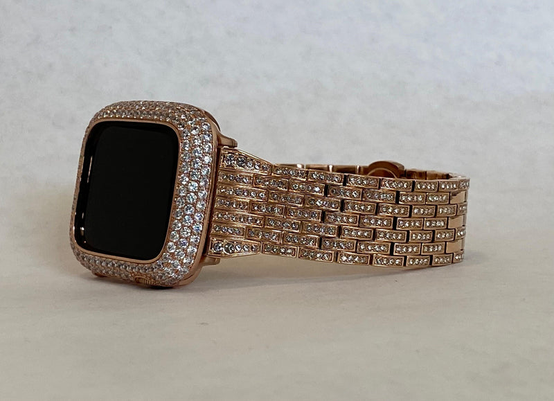 Series 7-8 41mm 45mm Apple Watch Band Swarovski Crystals & or Rose Gold Lab Diamond Bezel Smartwatch Bumper Bling 38mm-45mm