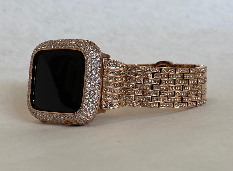 Series 7-8 41mm 45mm Apple Watch Band Crystals & or Rose Gold Lab Diamond Bezel Smartwatch Bumper Bling 38mm-45mm