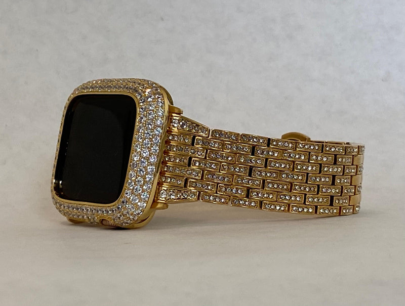 Iced Out Gold Apple Watch Band 41mm 45mm 49mm Ultra Crystal & or Lab Diamond Bumper Bezel Cover Smartwatch Bumper Bling Series 1-8 SE