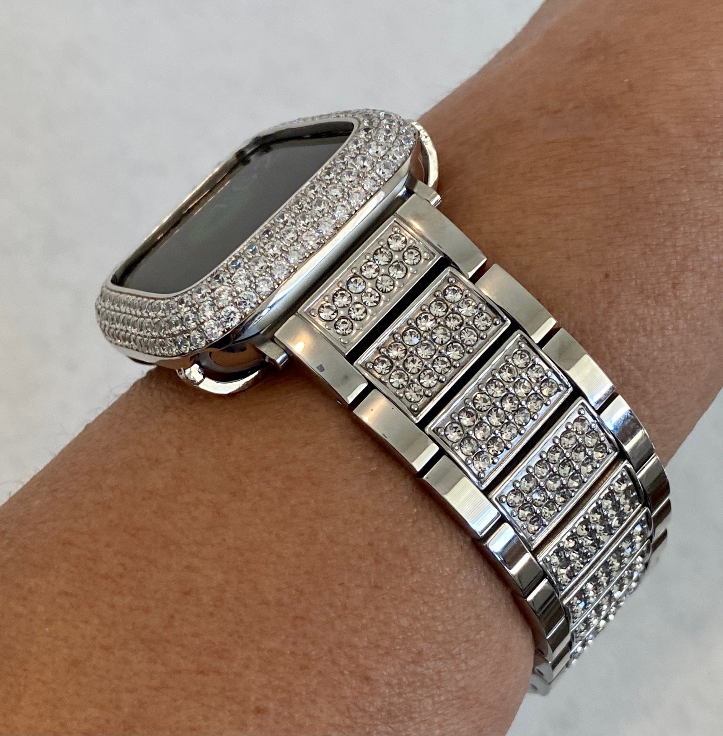 Designer Apple Watch Band Women 38mm 40mm 41mm 42mm 44mm 45mm 49mm Silver Swarovski Crystals & or Apple Watch Cover Lab Diamond Bezel Case