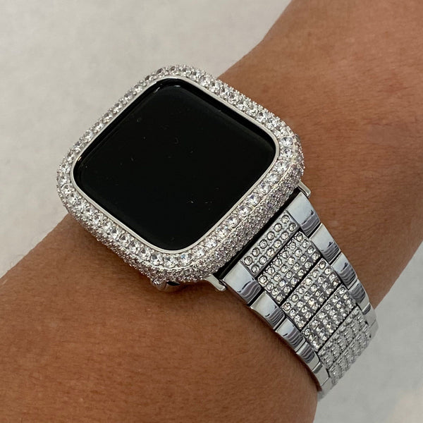 Designer Apple Watch Band Womens or Mens Style Silver with Swarovski Crystals & or Apple Watch Case Cover with Lab Diamonds Iwatch Candy