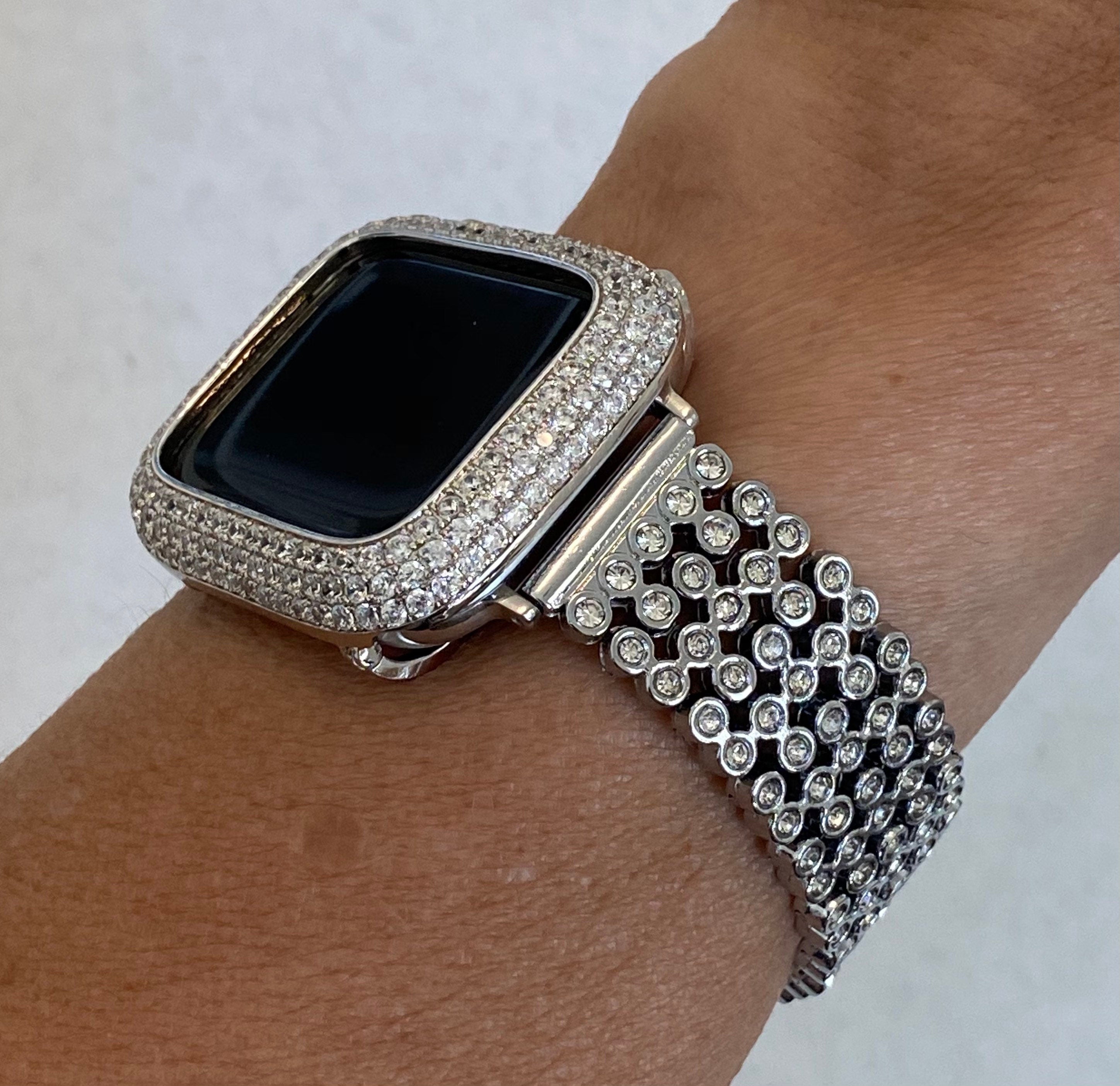 White Gold Apple Watch Band Women Silver & or Lab Diamond Apple Watch Cover Bezel Bling Iwatch Case 38 40 41 42 44 45 49mmm Ultra Series 2-9