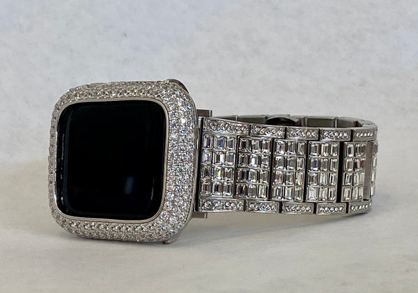 Custom Silver Apple Watch Band with baguette Swarovski Crystal Stainless Steel and or Apple Watch Case Cover with lab diamonds set in 14k white gold plating. Iwatch Candy