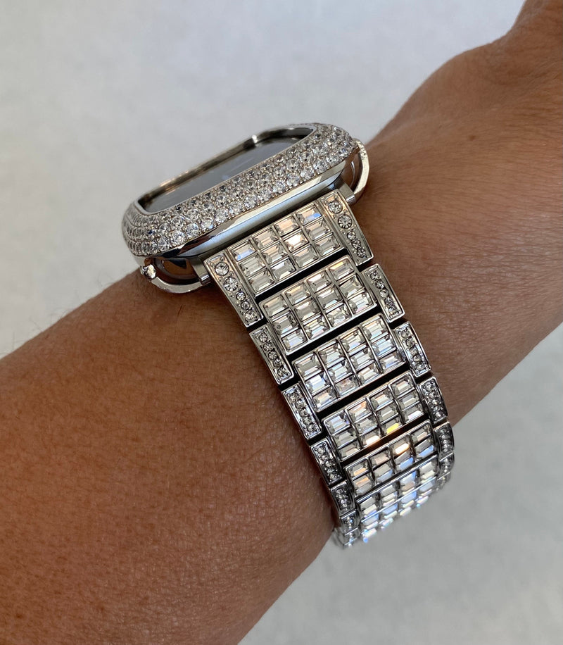 Swarovski Crystal Apple Watch Band Silver Baguettes & or Apple Watch Case Lab Diamond Bezel Cover Smartwatch Bumper Bling 38mm-49mm Ultra