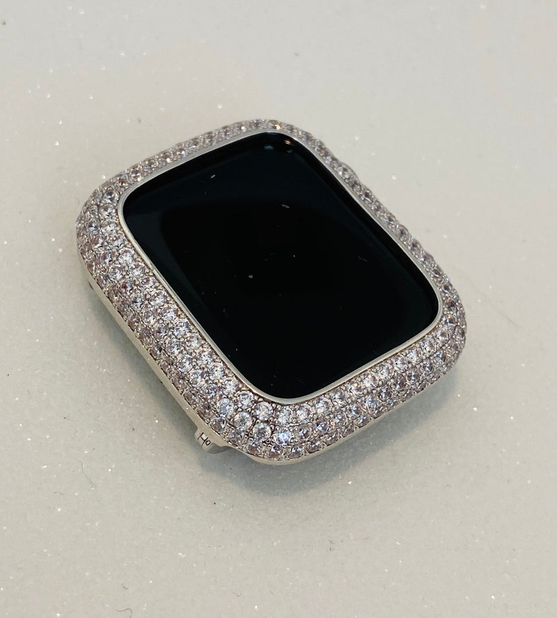 Silver Apple Watch Band 41mm 45mm 38mm 40mm 42mm 44mm Swarovski Crystals & or White Gold Pave Lab Diamond Bezel Case Cover Series 7-8