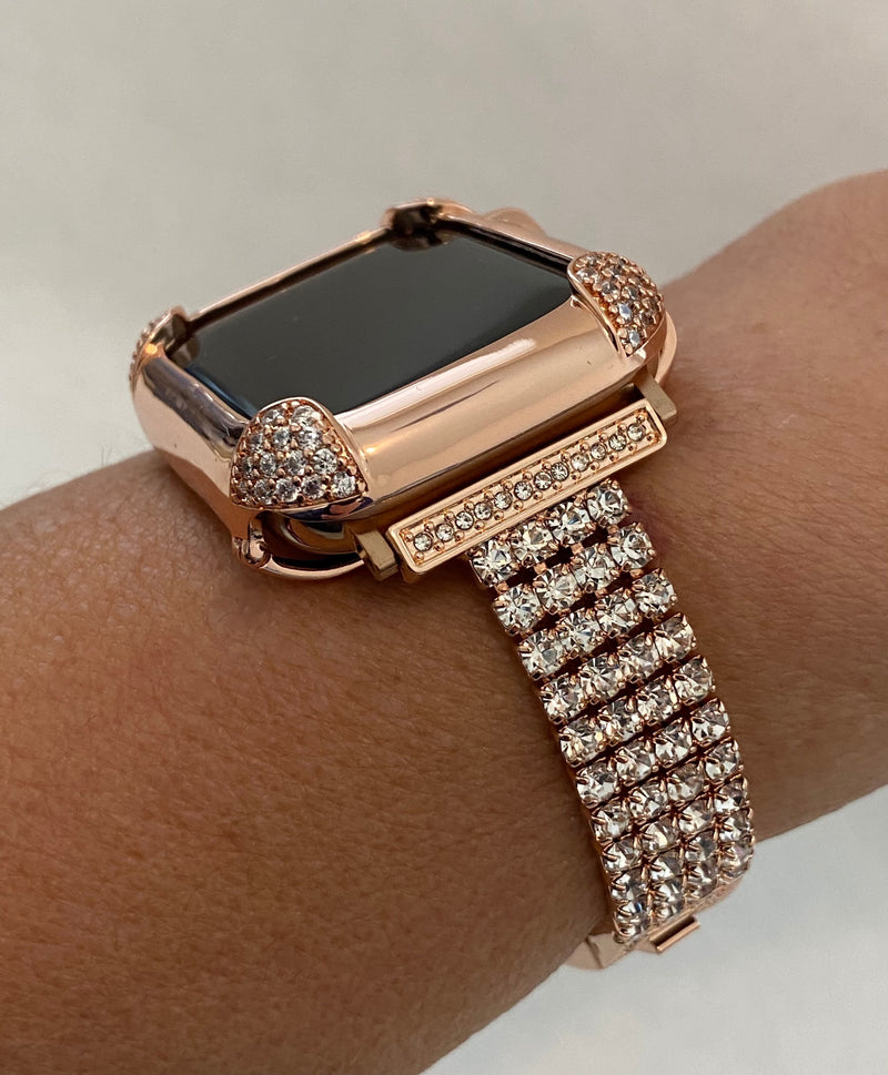 Rose Gold Apple Watch Band Women 38 40 42 44mm & or Apple Watch Cover Pave Lab Diamond Bezel Case 40mm 44mm Iwatch Candy Bling