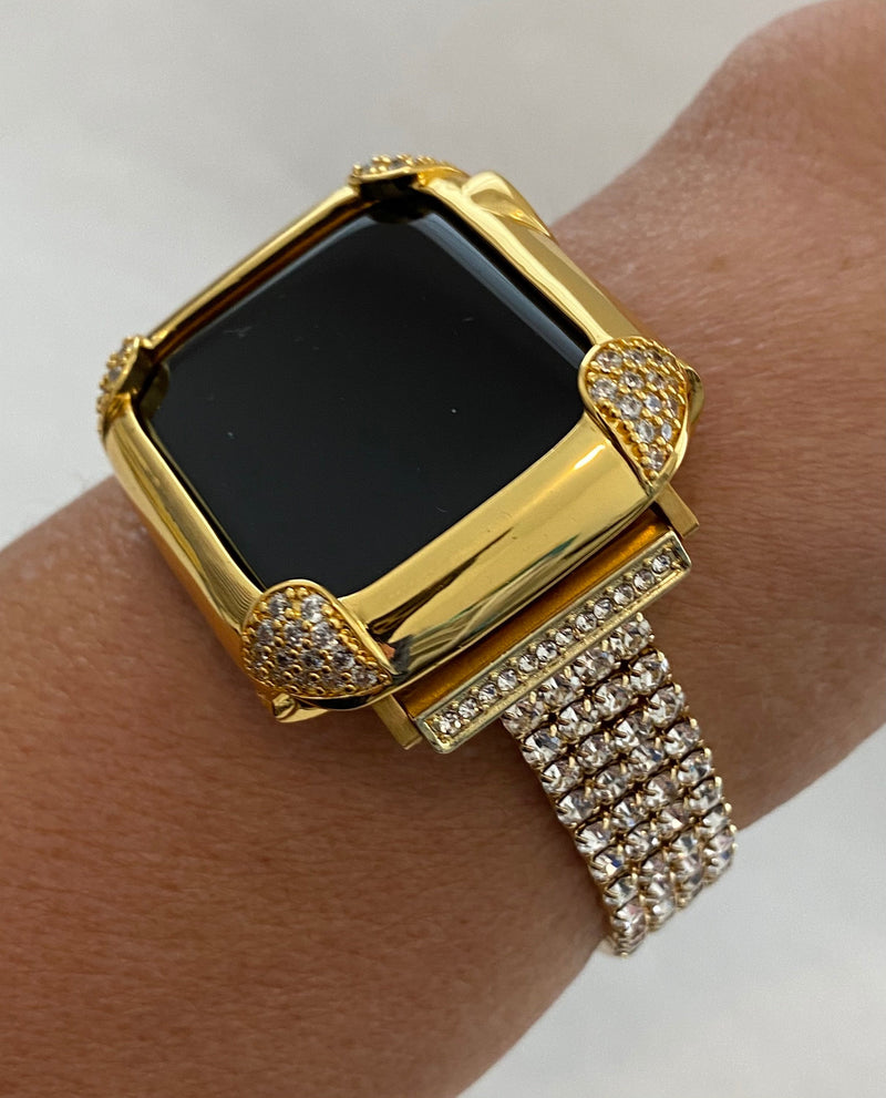 Gold Apple Watch Band Women 38 40 42 44mm and or Pave Lab Diamond Bezel Case Custom Handmade