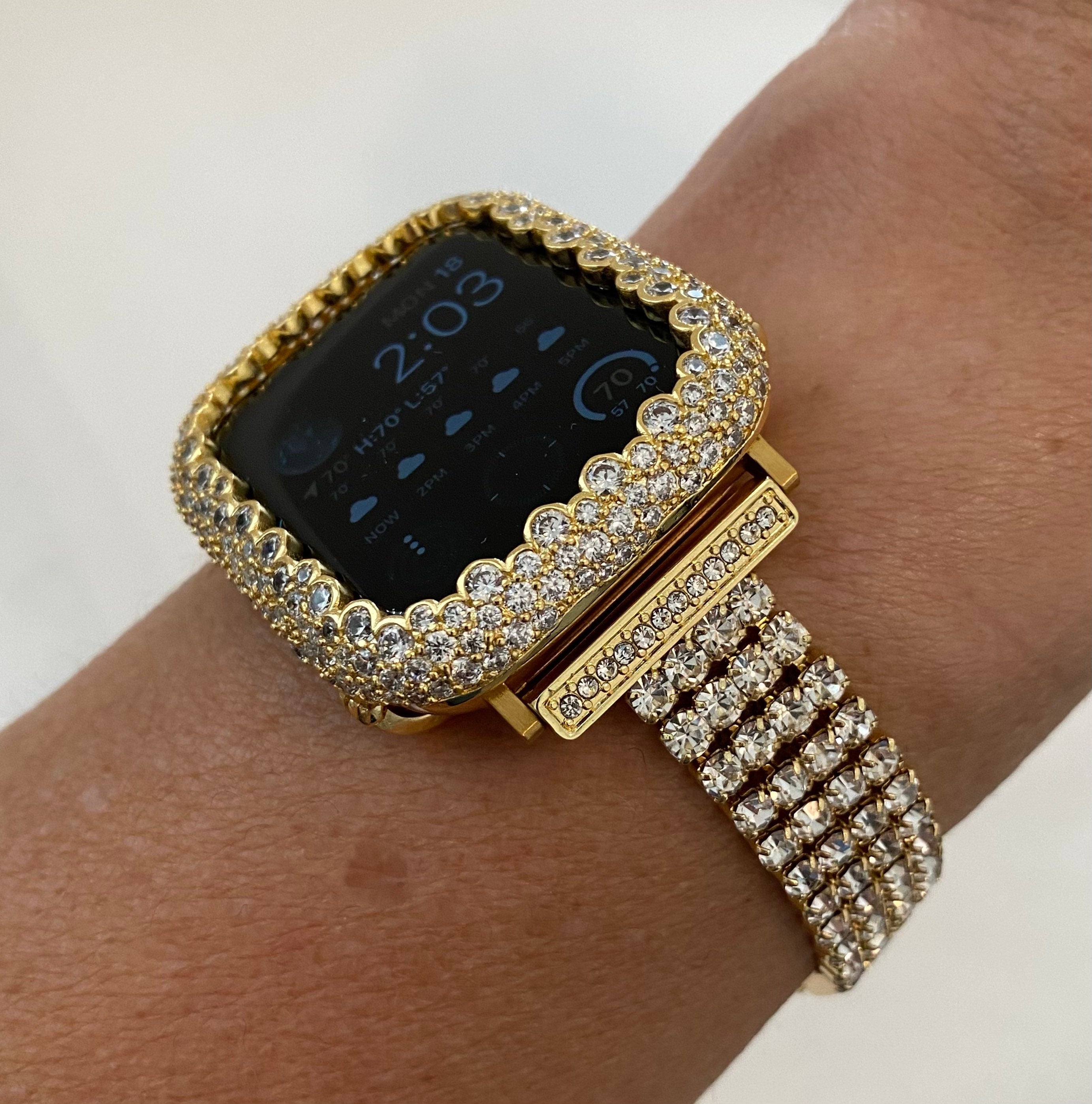 Gold Apple Watch Band 41mm 45mm 49mm Ultra Swarovski Crystals & or Lab Diamond Bezel Cover Iwatch Bling 38mm-44mm Smartwatch Bumper