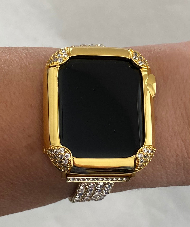 Designer Yellow Gold Apple Watch Band Crystals & or Custom Apple Watch Case Lab Diamond Bezel Apple Watch Cover Iwatch Candy Bling