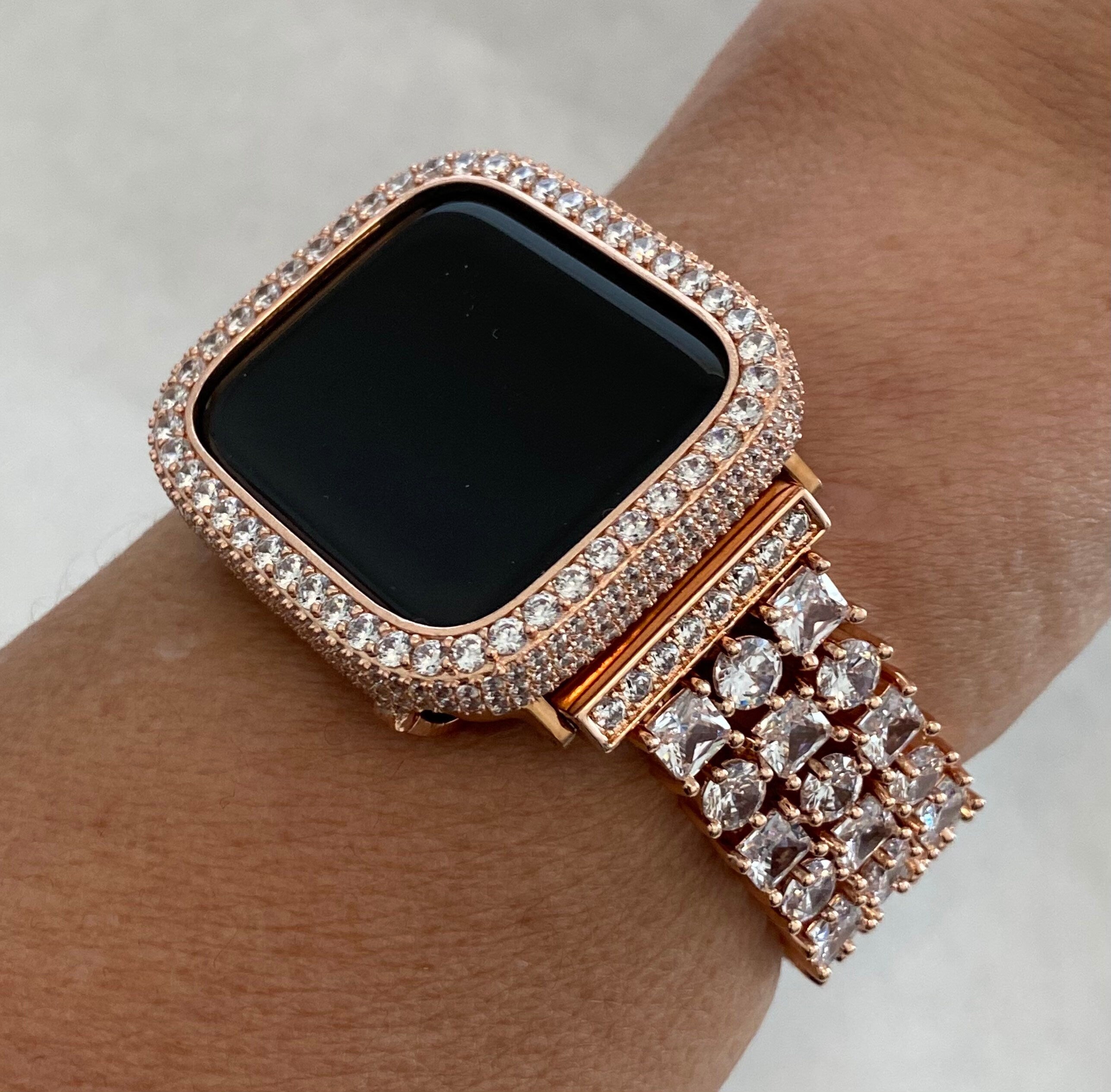 Apple Watch Band Women Rose Gold Swarovski Crystal 38mm 40mm 41mm 42mm 44mm 45mm 49mm Ultra & or Lab Diamond Bezel Cover Iphone Watch Bling