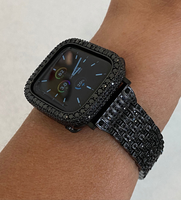 Custom Black on Black Apple Watch Band Womens Mens Style with Swarovski Crystal and or Iwatch Lab Diamonds Bezel Case Cover 38mm 40mm 41mm 42mm 44mm 45mm 49mm Ultra from Iwatch Candy