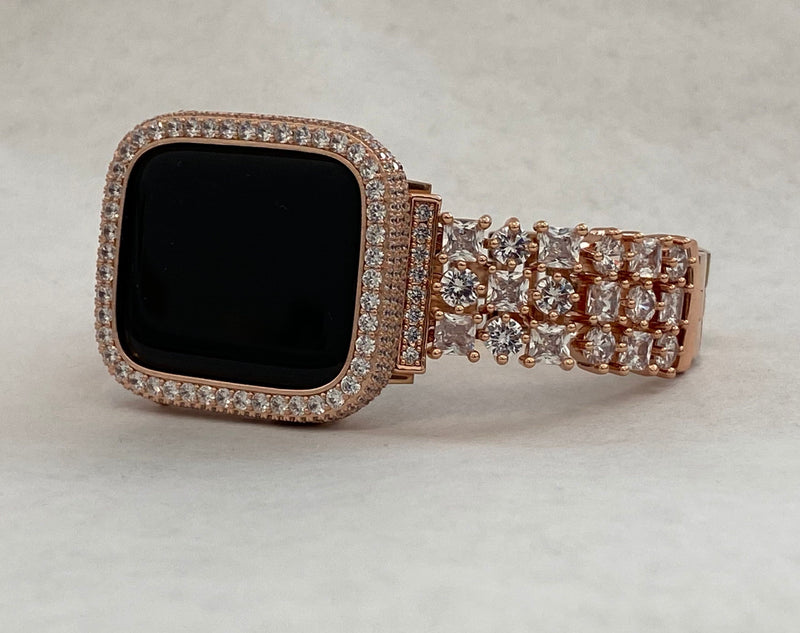 Series 1-8 Apple Watch Band Women Rose Gold 38mm 40mm 41mm 42mm 44mm 45mm & or Lab Diamond Bezel Cover Smartwatch Bumper Bling