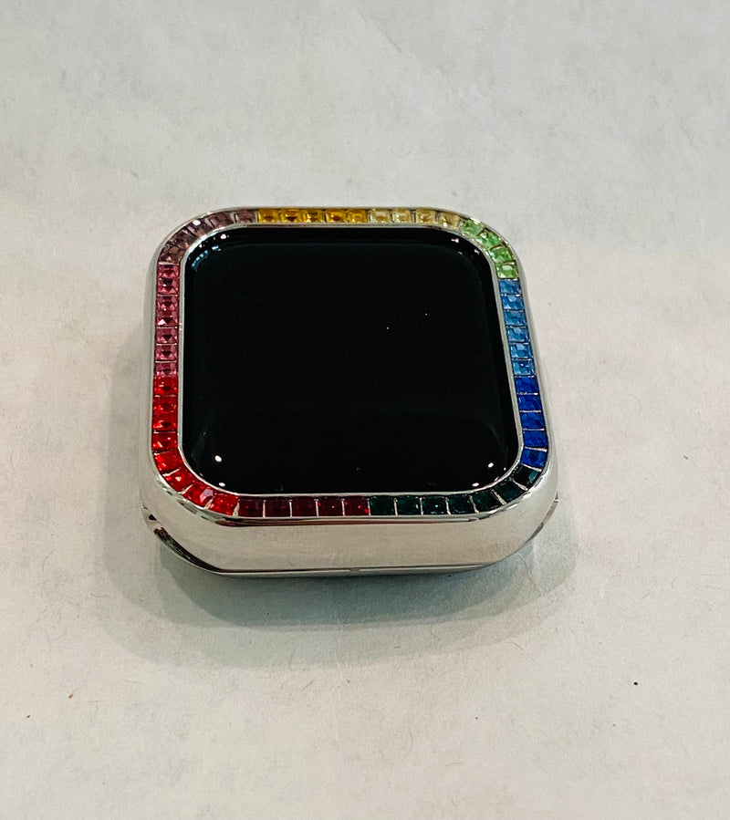 Rainbow Apple Watch Cover Case Silver Swarovski Crystal Bezel 38mm 40mm 41mm 42mm 44mm 45mm Smartwatch Bumper Bling Series 2-8 SE