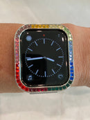 Rainbow Apple Watch Cover Case Silver Swarovski Crystal Bezel 38mm 40mm 41mm 42mm 44mm 45mm Smartwatch Bumper Bling Series 2-8 SE