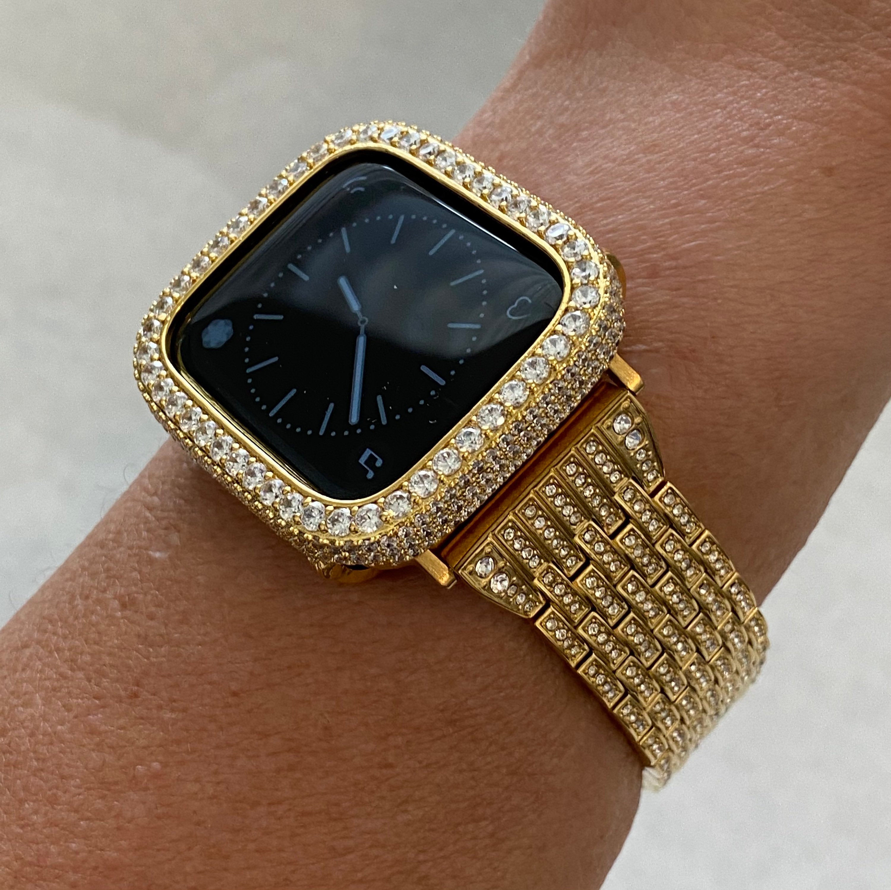 Custom Gold Apple Watch Band Womens Mens Style with Swarovski Crystals in  stainless steel & or Apple Watch Cover Lab Diamond Bezel Case Smartwatch Bling 38mm-49mm Ultra Iwatch Candy Bling 49mm Ultra 38mm-45mm Series 2-8