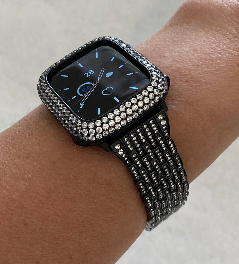 Black Apple Watch Band Series 7 Swarovski Crystals 38mm 40mm 41mm 42mm 44mm 45mm & or Lab Diamond Bezel Case Cover Smartwatch Bumper Bling