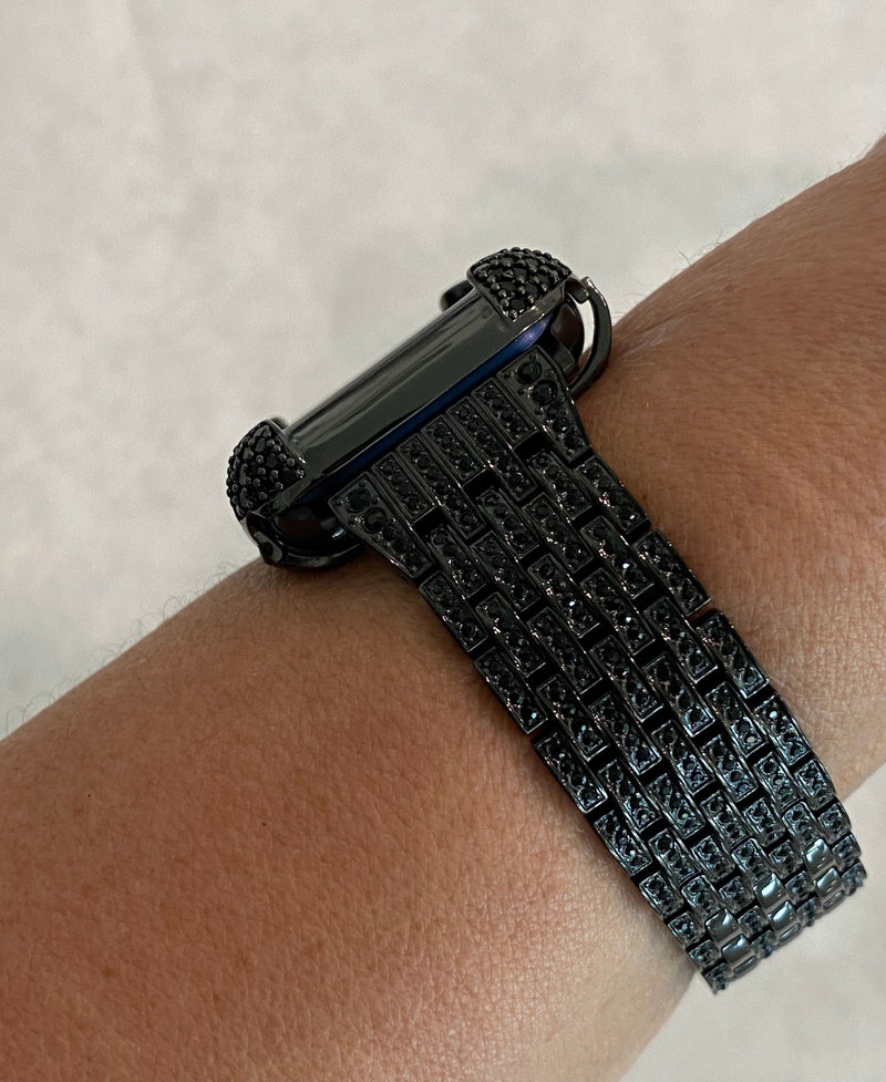 Black on Black Apple Watch Band & or Matching Lab Diamond Bezel Cover 40mm 44mm Custom Handmade