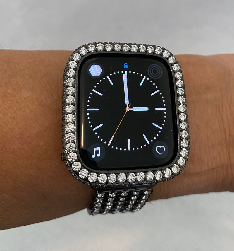 Black Apple Watch Band 41mm 45mm & or Lab Diamond Bezel Cover Iwatch Bling 38mm 42mm 44mm 40mm Series 2-9 SE