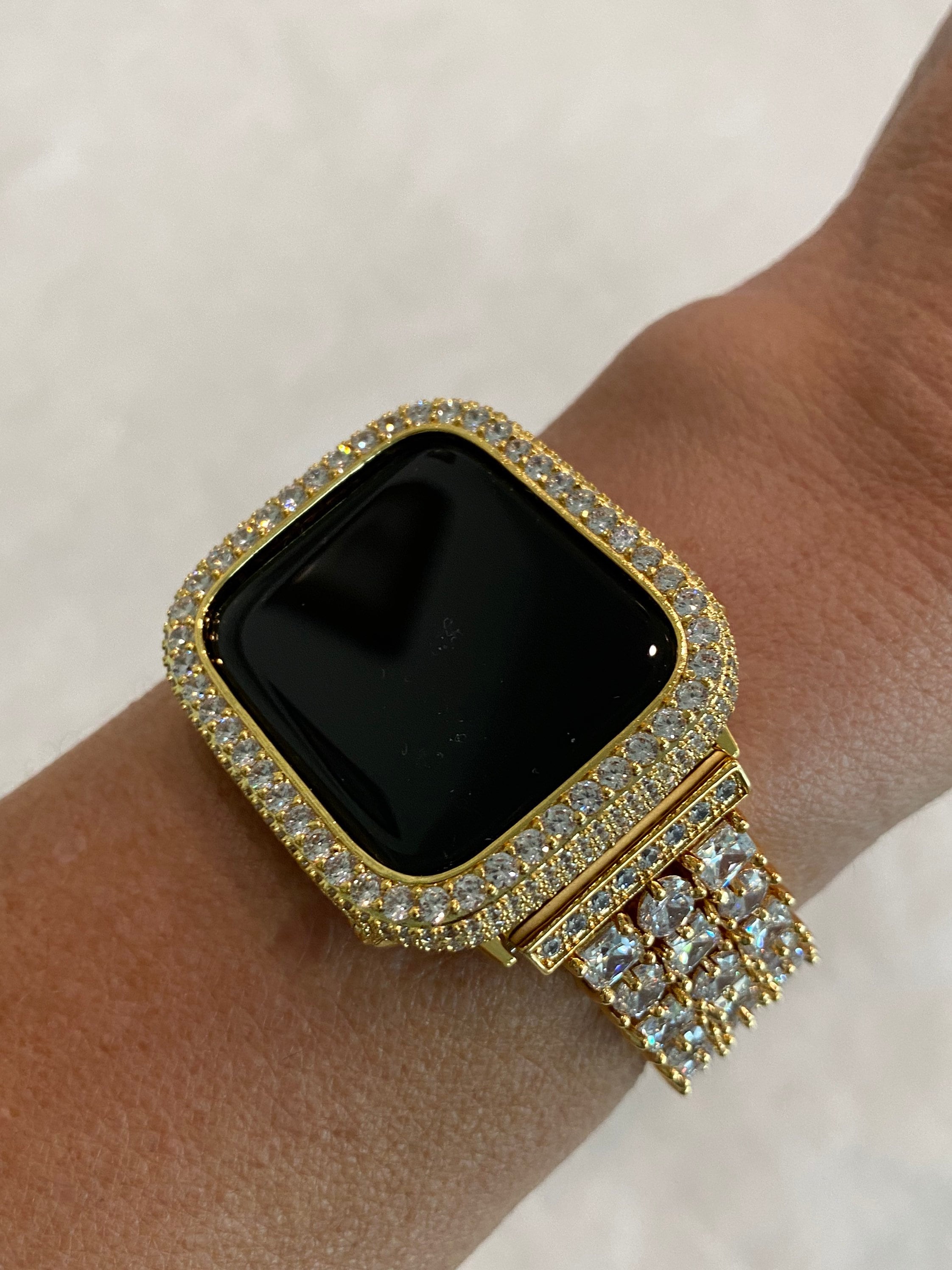 Apple Watch Band Gold Crystals & or Apple Watch Cover Lab Diamond Bezel Apple Watch Case Smartwatch Bumper 38mm-49mm Ultra Bling