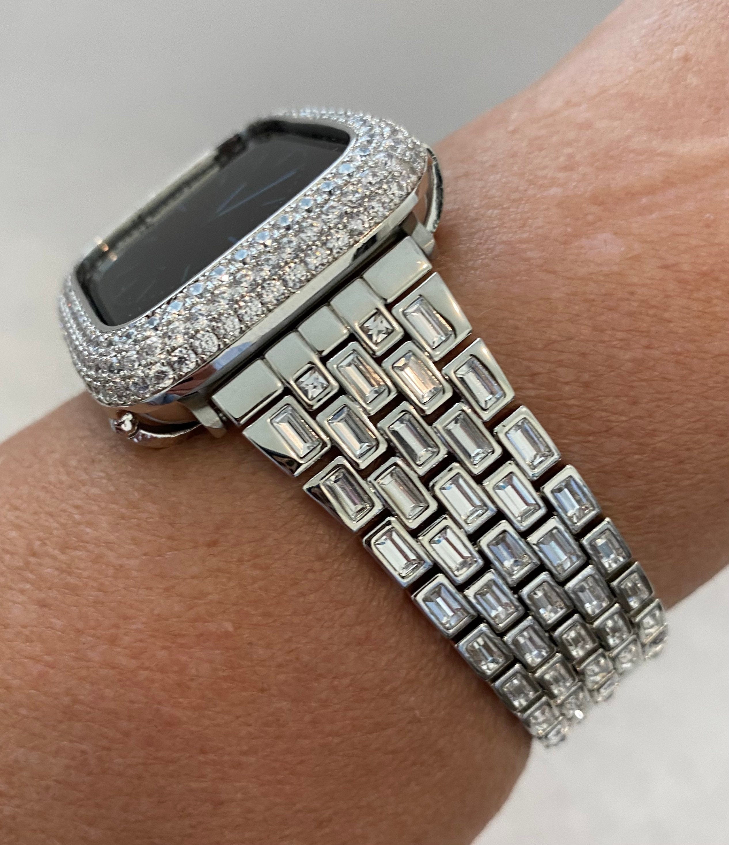 Silver Apple Watch Band Crystal Baguettes & or Apple Watch Cover Lab Diamond Bezel Case Smartwatch Bumper 38mm-49mm Ultra