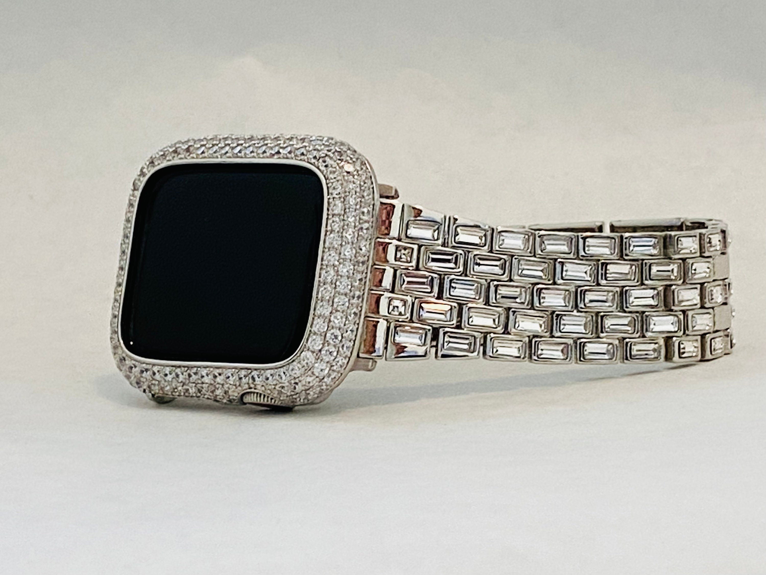 Silver Apple Watch Band Bracelet Swarovski Crystal Baguette & or Apple Watch Cover Lab Diamond Bezel Apple Watch Face Bling 38mm-49mm Ultra