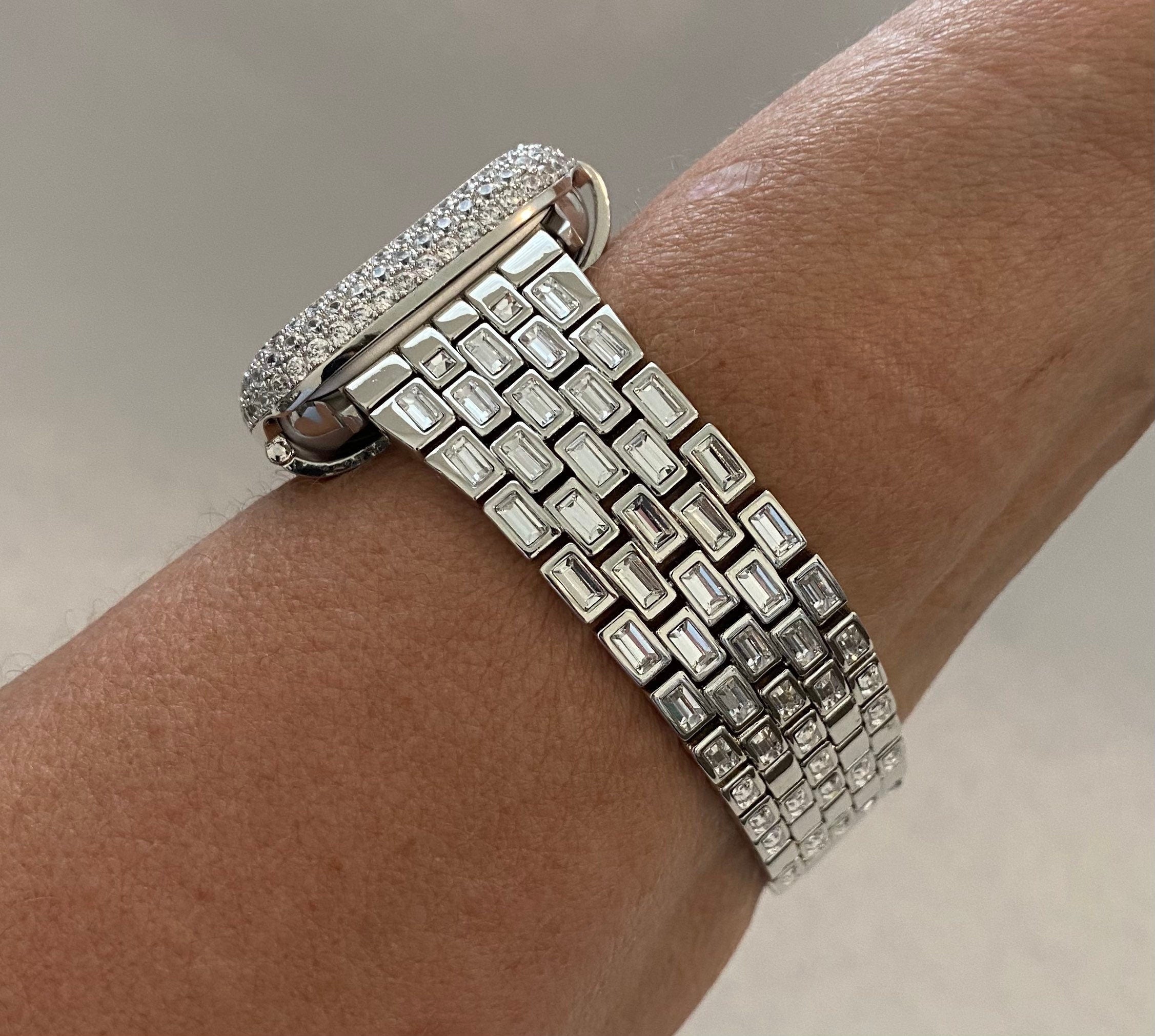 Silver Apple Watch Band Bracelet Swarovski Crystal Baguette & or Apple Watch Cover Lab Diamond Bezel Apple Watch Face Bling 38mm-49mm Ultra