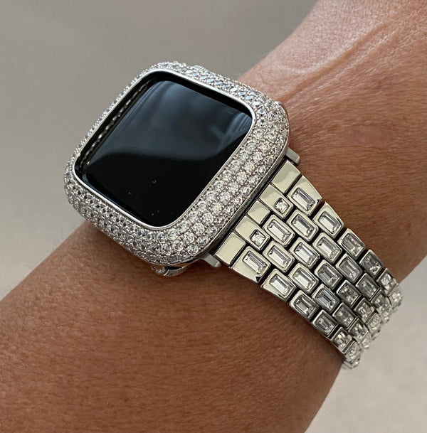 Silver Apple Watch Band Crystal Baguettes & or Apple Watch Cover Lab Diamond Bezel Case Smartwatch Bumper 38mm-49mm Ultra