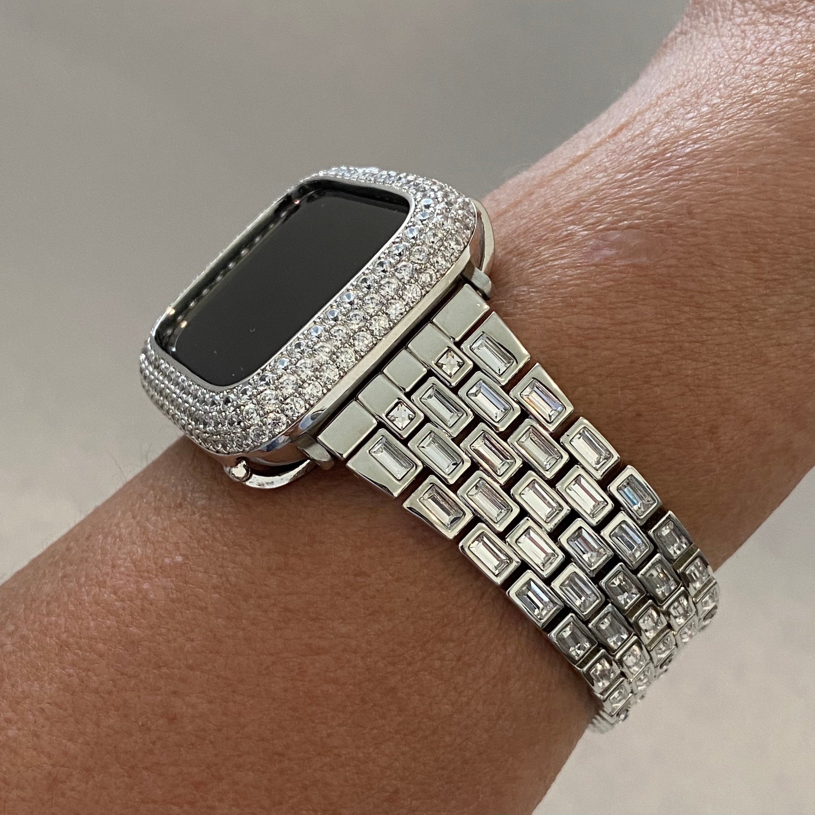 Silver Apple Watch Band Bracelet Swarovski Crystal Baguette & or Apple Watch Cover Lab Diamond Bezel Apple Watch Face Bling 38mm-49mm Ultra