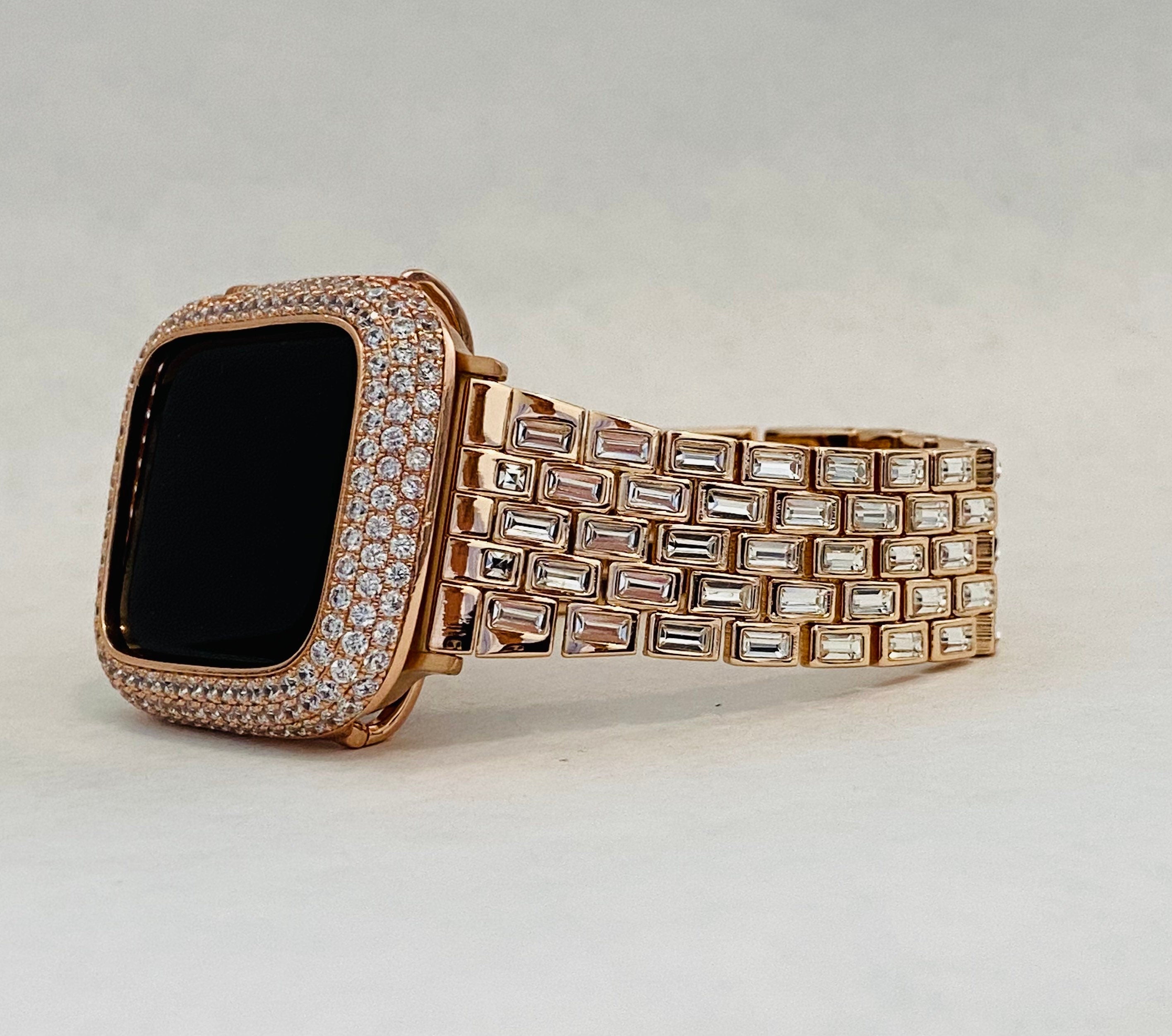 Rose Gold Apple Watch Band Swarovski Crystal Baguettes 41mm 45mm 49mm Ultra & or Apple Watch Cover Lab Diamond Bezel Case Iwatch Candy Bling