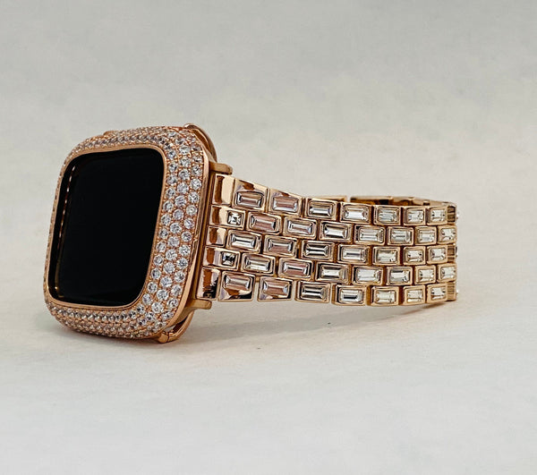 Series 8 Rose Gold Apple Watch Band Swarovski Crystal Baguettes 41mm 45mm & or Pave Lab Diamond Bezel Cover Bumper 38-44mm