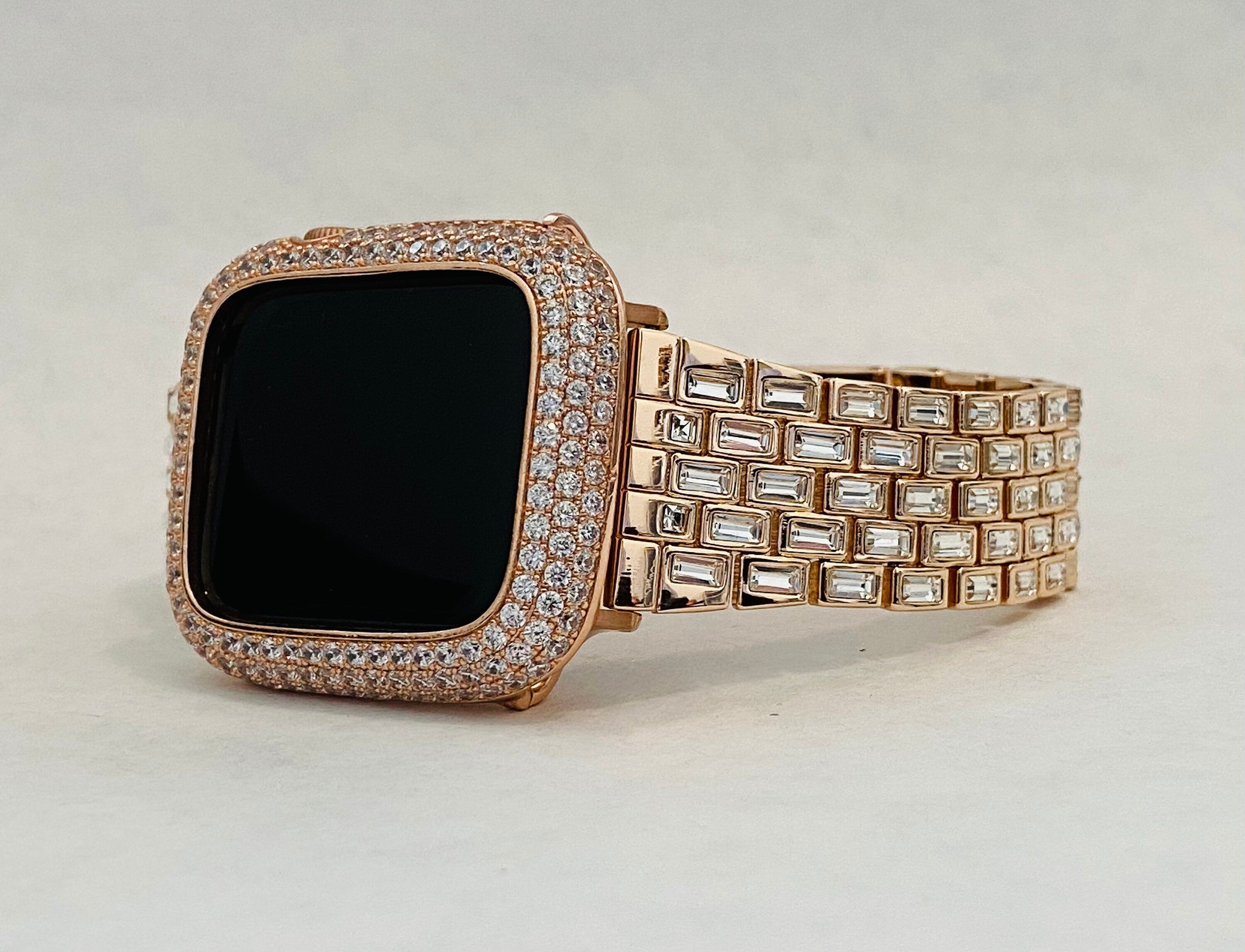 Rose Gold Apple Watch Band Swarovski Crystal Baguettes 41mm 45mm 49mm Ultra & or Apple Watch Cover Lab Diamond Bezel Case Iwatch Candy Bling