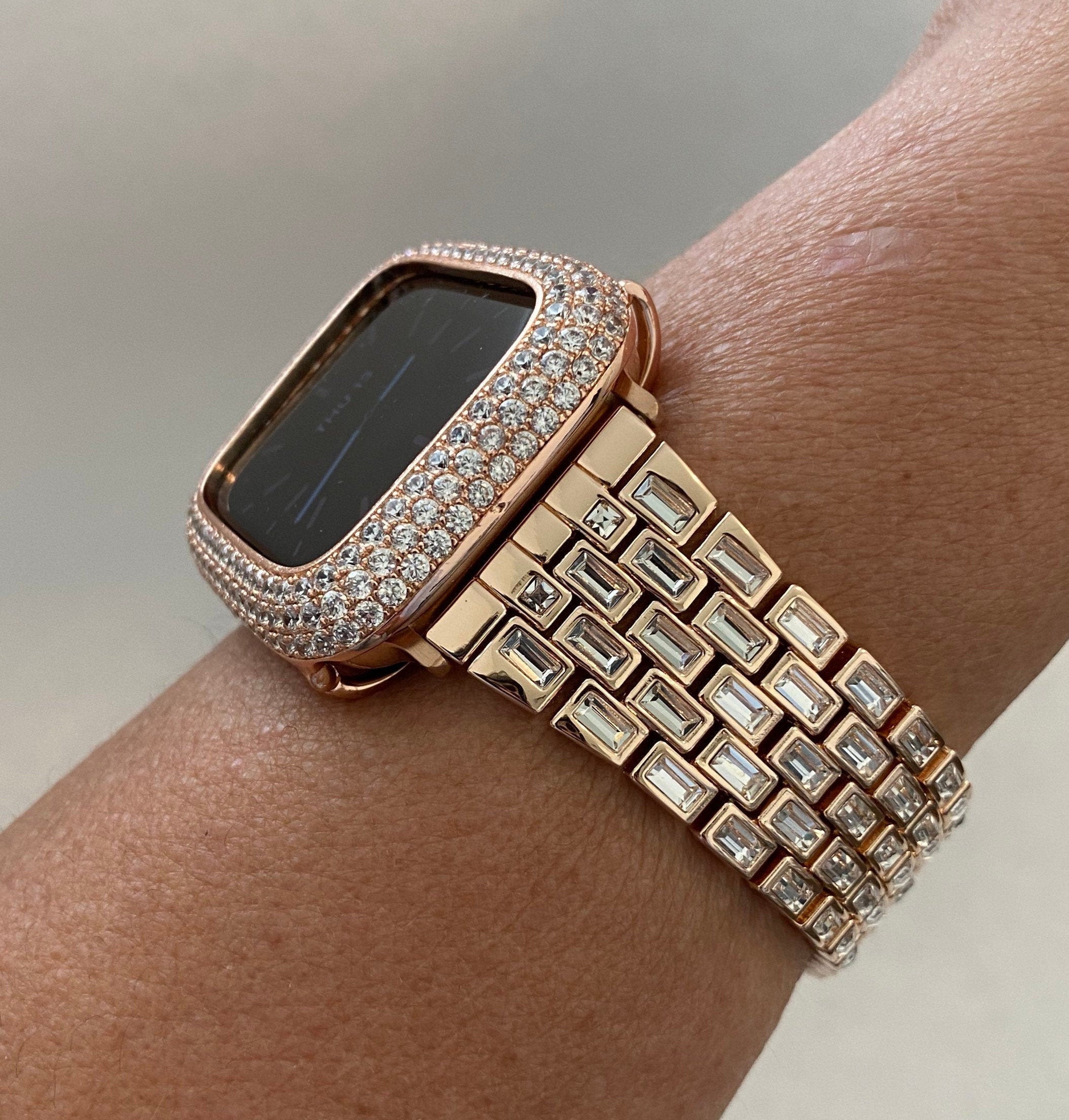 Rose Gold Apple Watch Band Swarovski Crystal Baguettes 41mm 45mm 49mm Ultra & or Apple Watch Cover Lab Diamond Bezel Case Iwatch Candy Bling