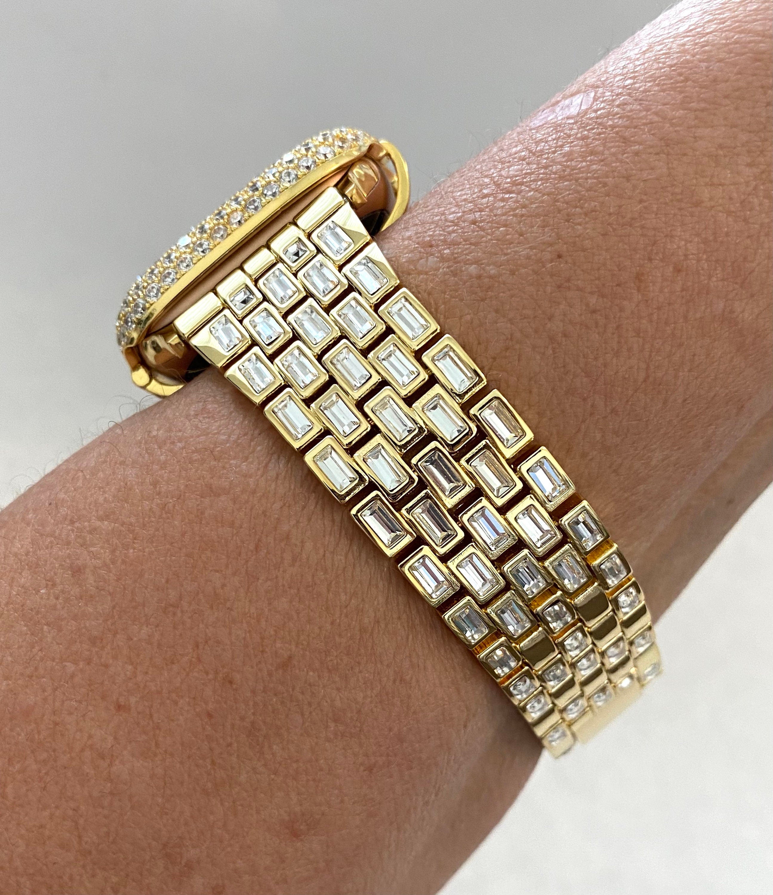 Yellow Gold Apple Watch Band Womens Baguette Swarovski Crystals & or Apple Watch Case Pave Lab Diamonds Apple Watch Cover Iwatch Candy Bling