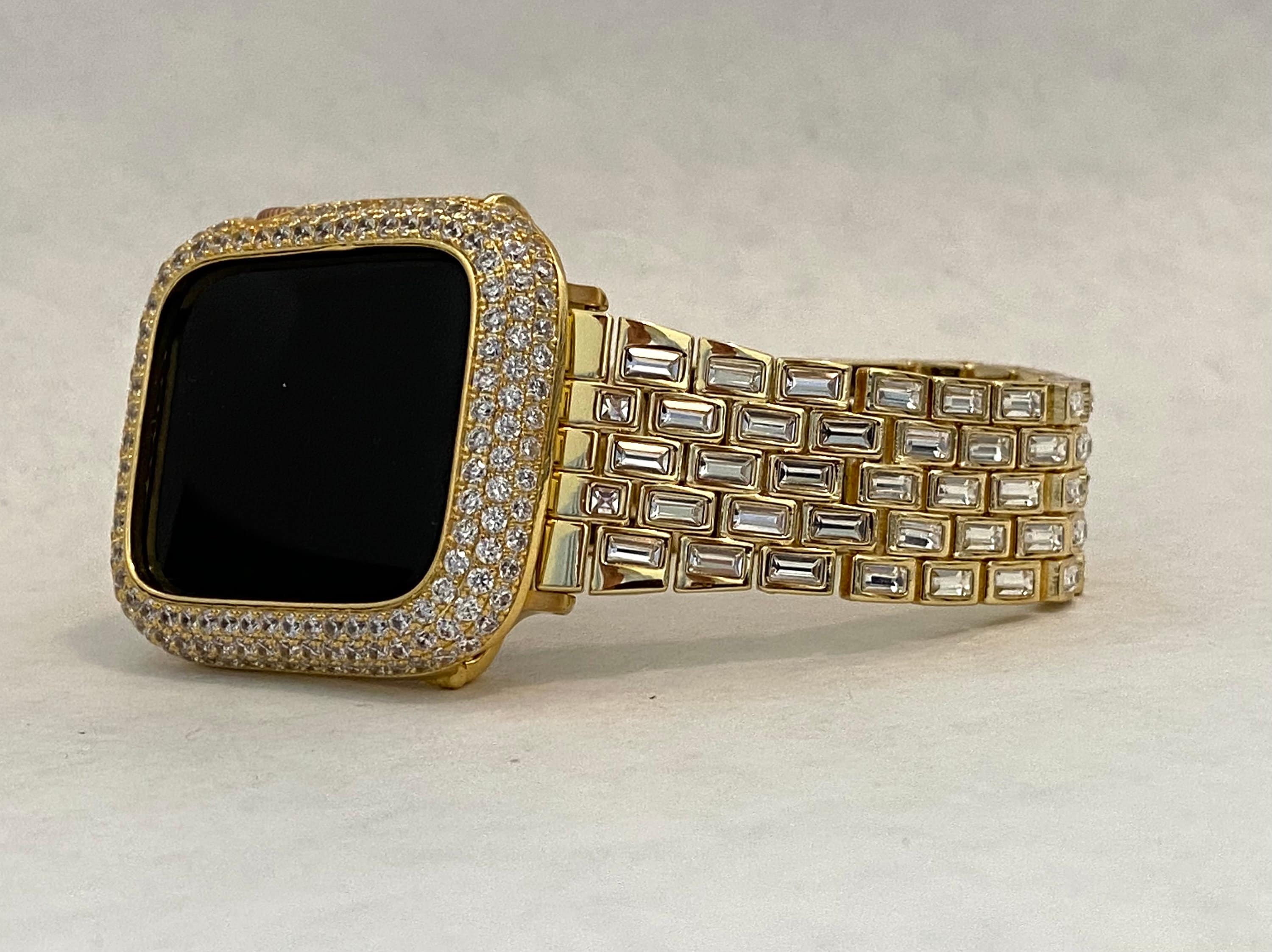 Yellow Gold Apple Watch Band Womens Baguette Swarovski Crystals & or Apple Watch Case Pave Lab Diamonds Apple Watch Cover Iwatch Candy Bling