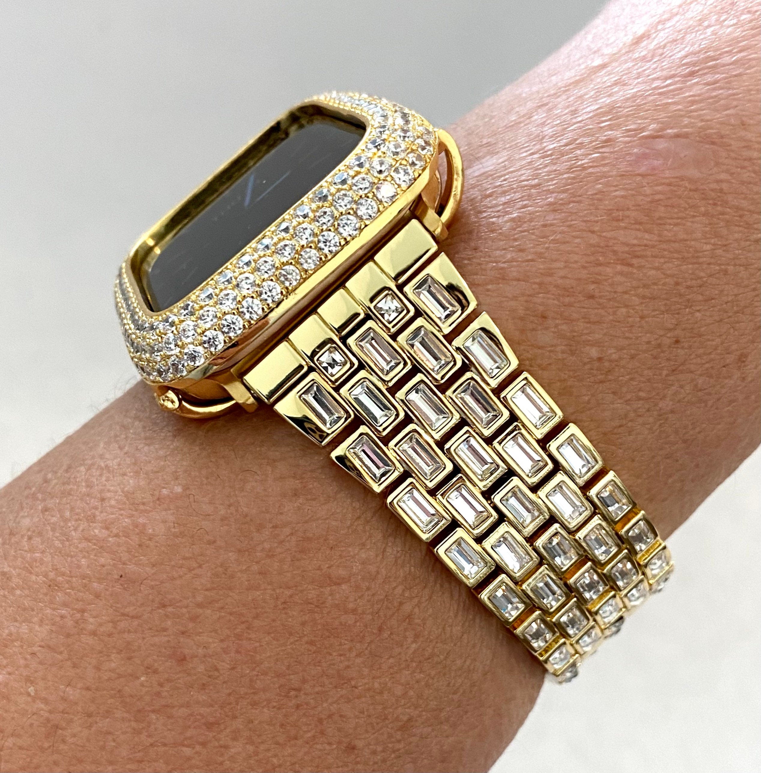 Yellow Gold Apple Watch Band Womens Baguette Swarovski Crystals & or Apple Watch Case Pave Lab Diamonds Apple Watch Cover Iwatch Candy Bling