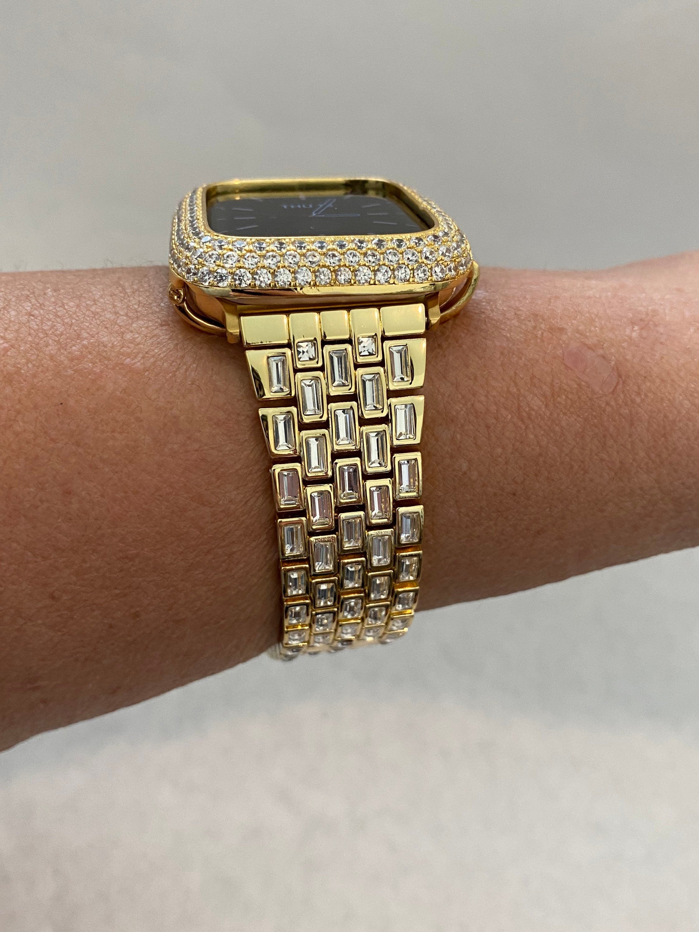 Gold Apple Watch Band Crystal Baguettes 38mm 40mm 41mm 42mm 44mm 45mm 49mm Ultra & or Pave Lab Diamond Bezel Cover Smartwatch