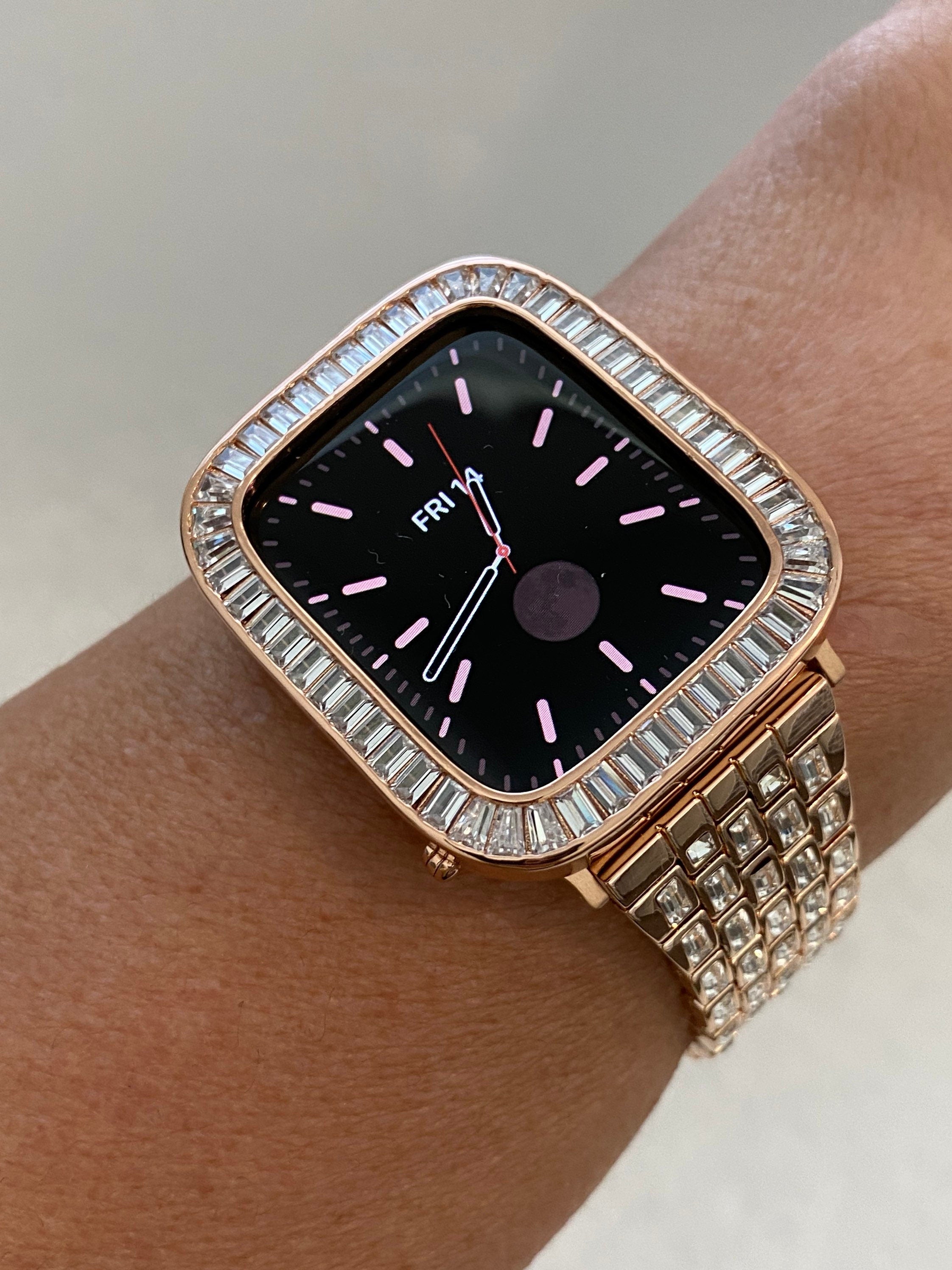 Apple Watch Band Rose Gold Swarovski Crystal Baguettes 38 40 41 42 44 45mm & or Apple Watch Case Lab Diamond Bezel Iwatch Candy