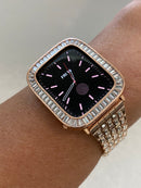 Series 1-8 Rose Gold Apple Watch Band Swarovski Crystal Baguettes 38 40 41 42 44 45mm & or Baguette Lab Diamond Bezel Cover