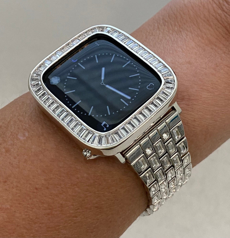 Statement Silver Apple Watch Band Womens Mens Style with Baguette Swarovski Crystals & or Apple Watch Case Cover with Lab Diamonds set in 14k white gold sizes 38mm 40mm 41mm 42mm 44mm 45mm by Iwatch Candy