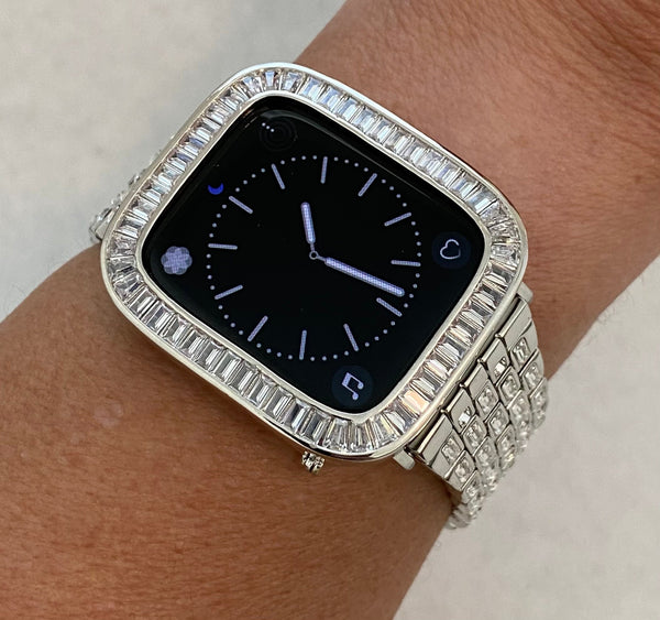 Designer Silver Apple Watch Band Womens Style with Baguette Swarovski Crystals & or Apple Watch Case Cover with Lab Diamonds set in 14k white gold sizes 38mm 40mm 41mm 42mm 44mm 45mm by Iwatch Candy