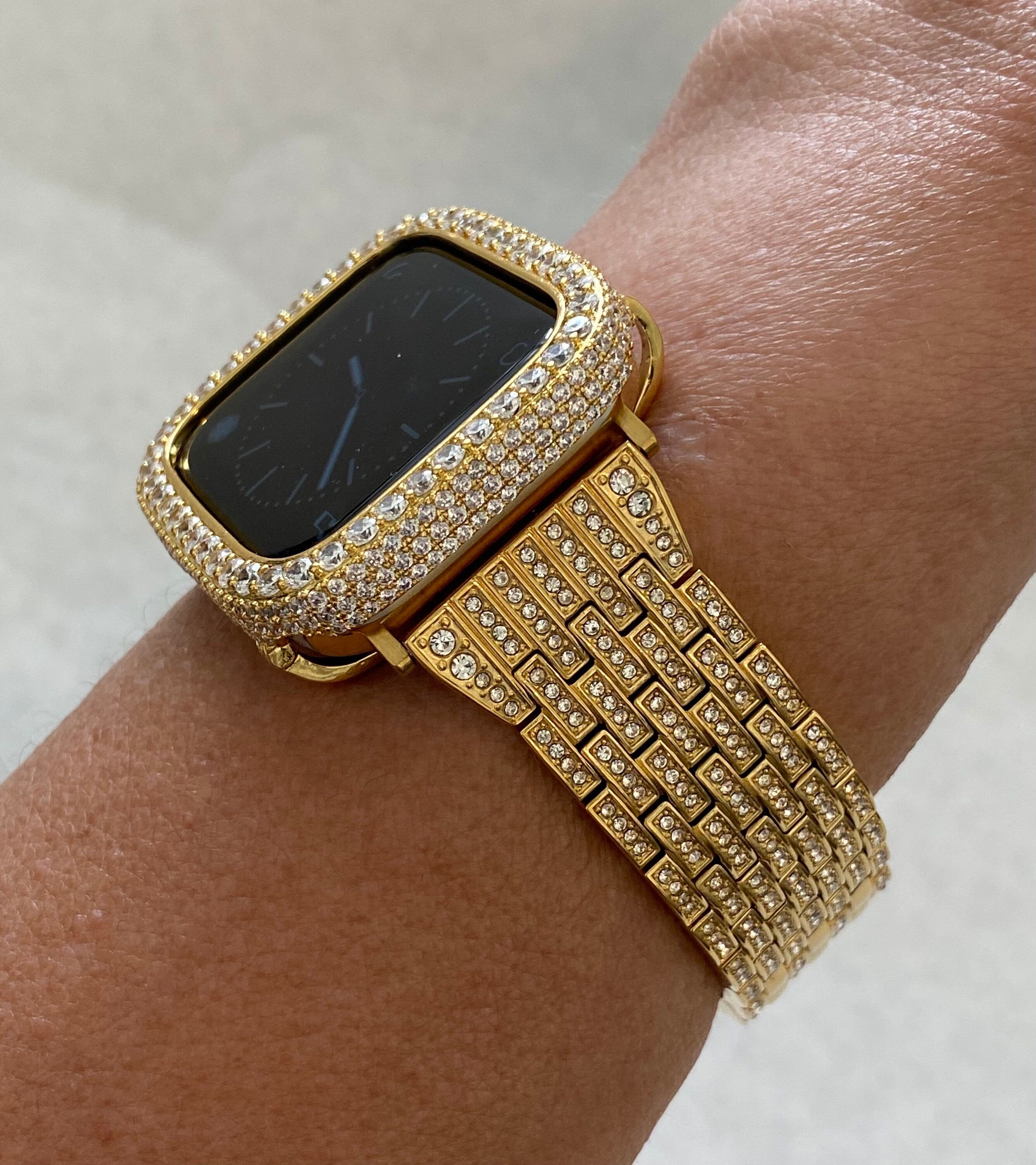 Series 9 Gold Apple Watch Band Swarovski Crystal & or Apple Watch Cover Lab Diamond Bezel Case Smartwatch Bling 38mm-49mm Ultra Gift him her