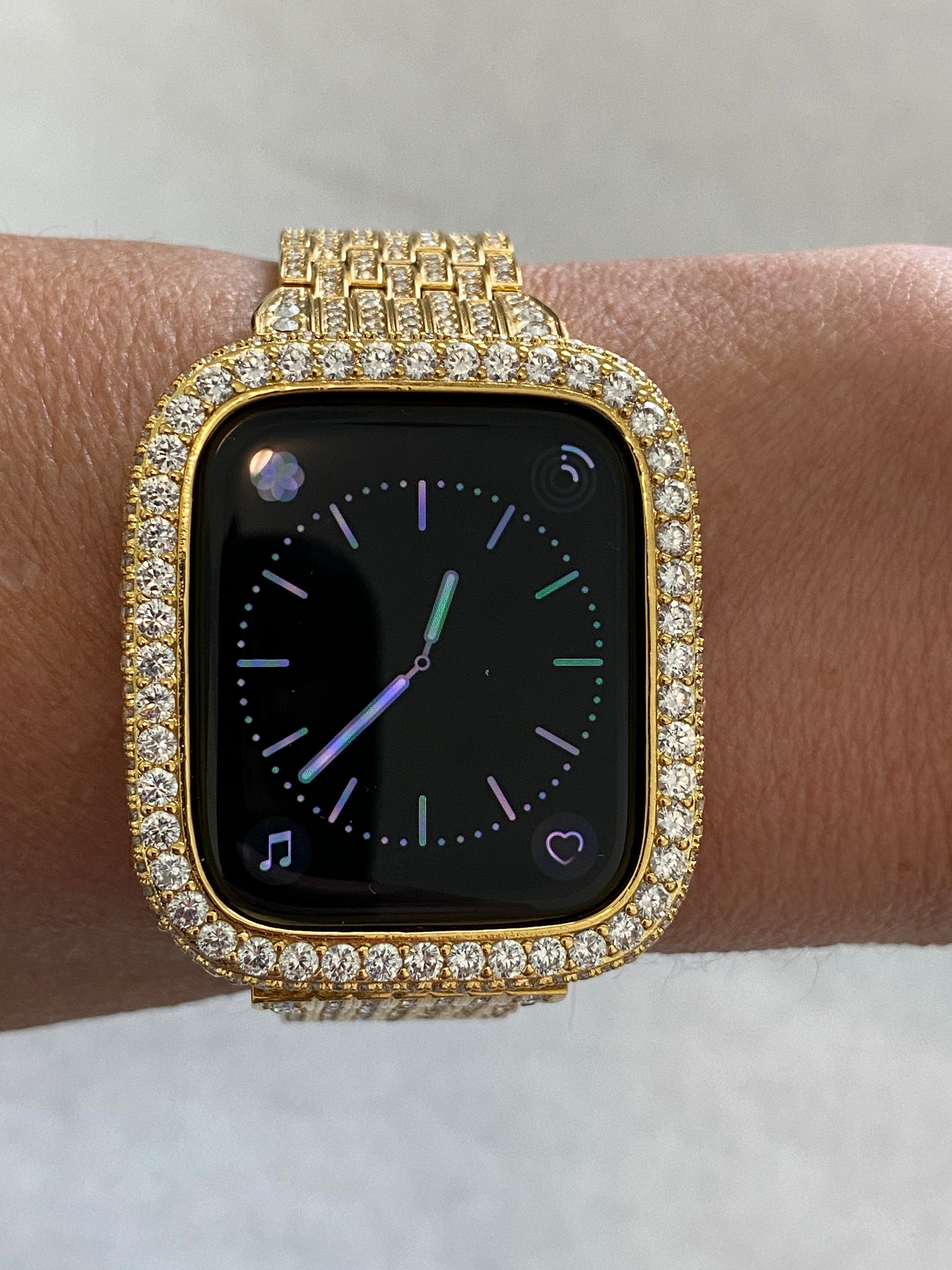 Womens 49mm Ultra Gold Apple Watch Band Swarovski Crystals & or Apple Watch Cover Lab Diamond Bezel Case Smartwatch Bling 38mm-49mm Ultra