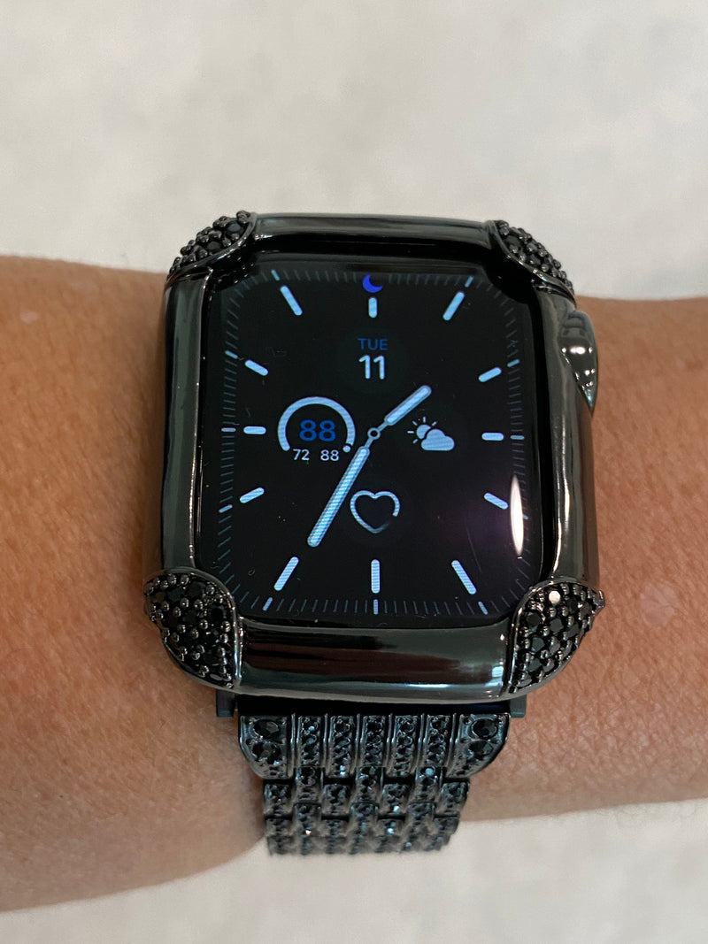 Black on Black Apple Watch Band & or Matching Lab Diamond Bezel Cover 40mm 44mm Custom Handmade