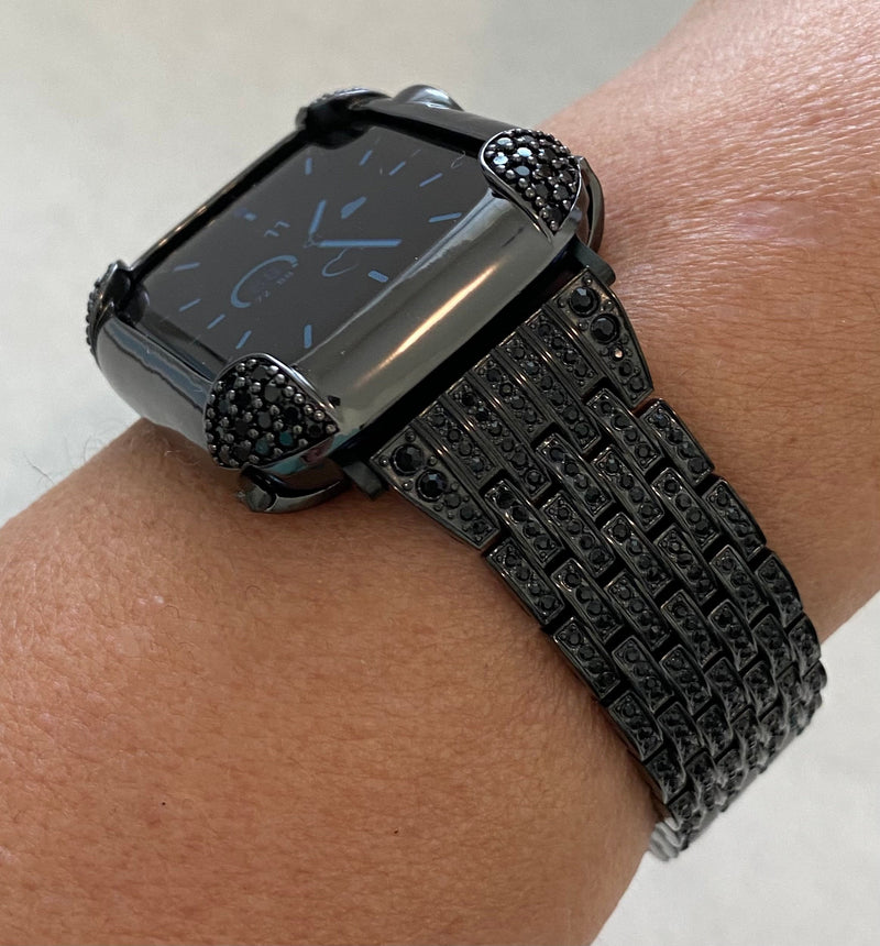 Black on Black Apple Watch Band & or Matching Lab Diamond Bezel Cover 40mm 44mm Custom Handmade